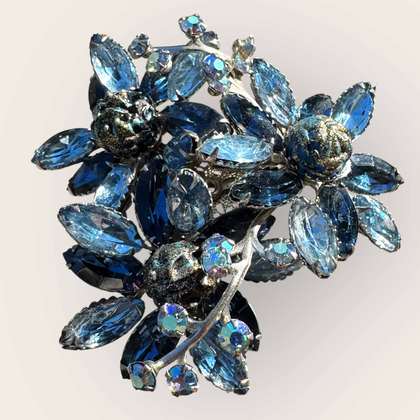 Unsigned Beau Jewels-Style Vintage Blue Rhinestone Brooch | Dimensional Floral Spray with AB & Fluss Beads