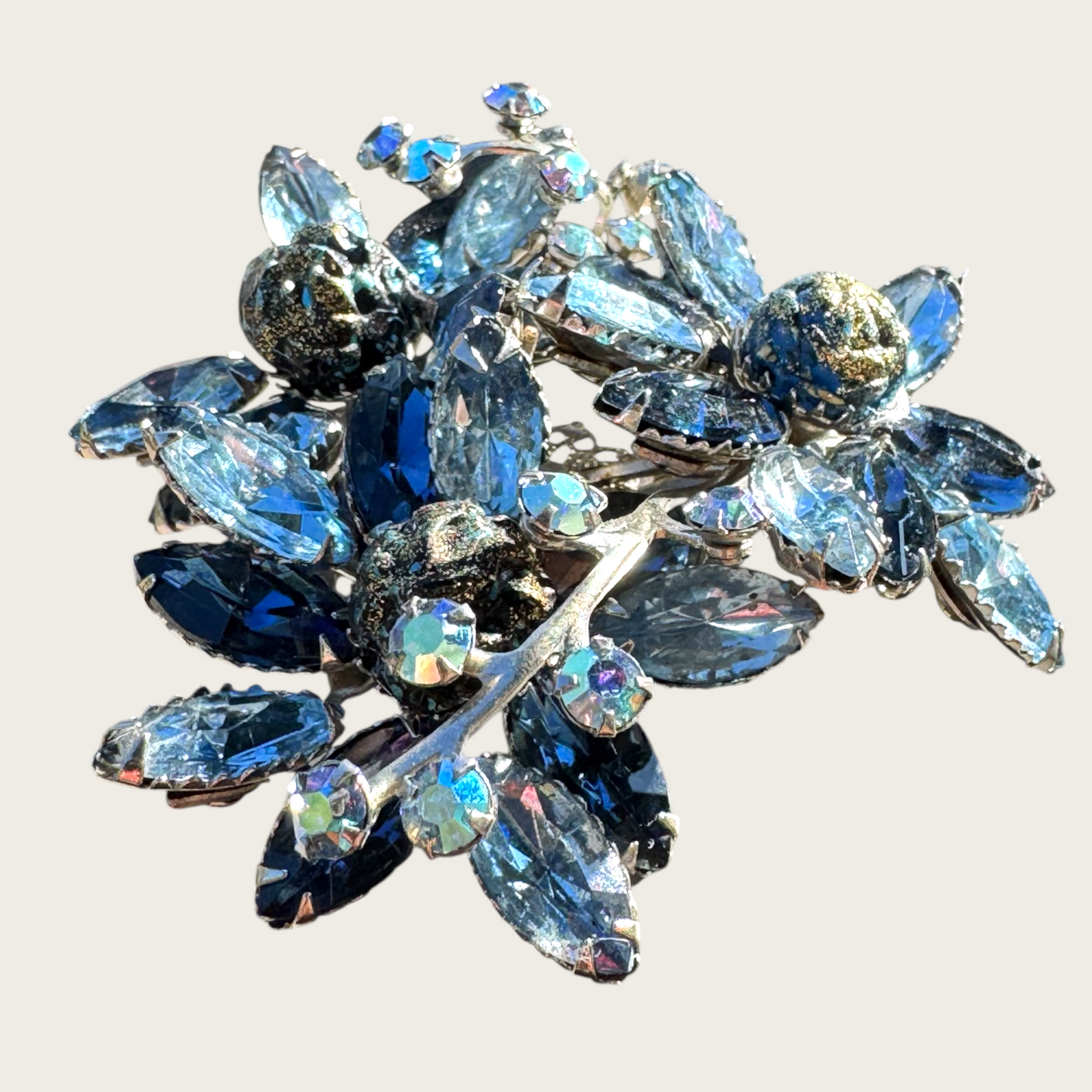 Unsigned Beau Jewels-Style Vintage Blue Rhinestone Brooch | Dimensional Floral Spray with AB & Fluss Beads
