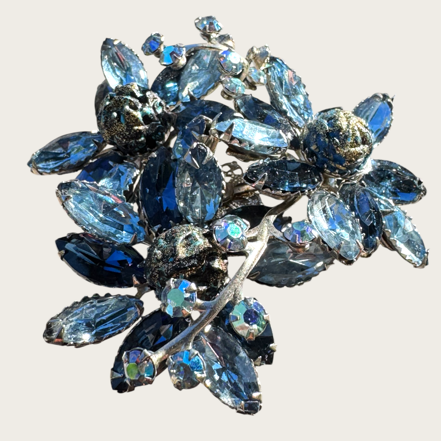 Unsigned Beau Jewels-Style Vintage Blue Rhinestone Brooch | Dimensional Floral Spray with AB & Fluss Beads