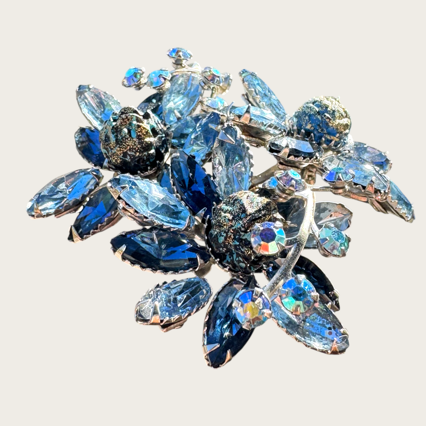 Unsigned Beau Jewels-Style Vintage Blue Rhinestone Brooch | Dimensional Floral Spray with AB & Fluss Beads