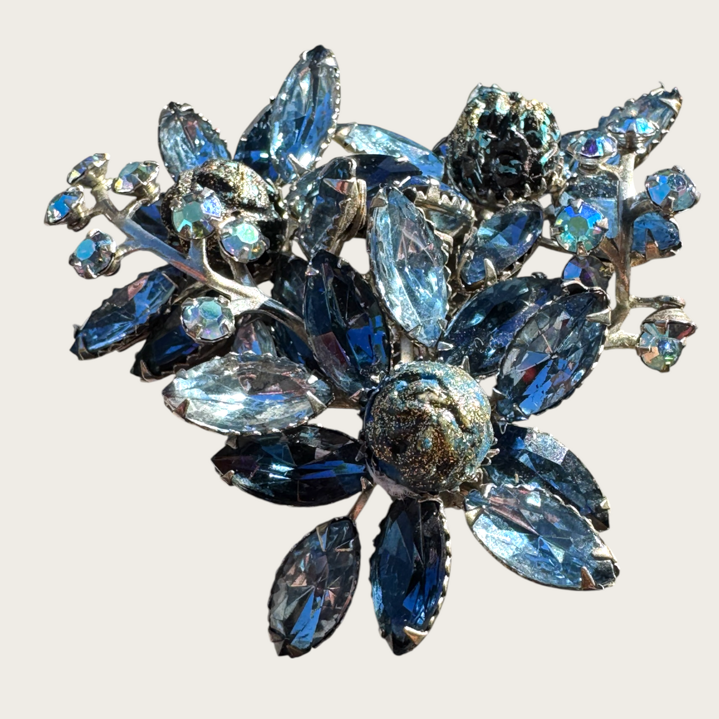 Unsigned Beau Jewels-Style Vintage Blue Rhinestone Brooch | Dimensional Floral Spray with AB & Fluss Beads