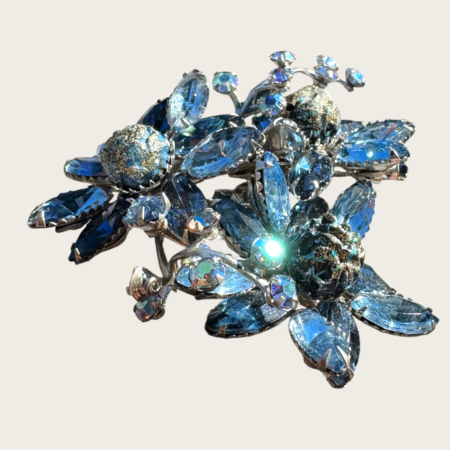 Unsigned Beau Jewels-Style Vintage Blue Rhinestone Brooch | Dimensional Floral Spray with AB & Fluss Beads