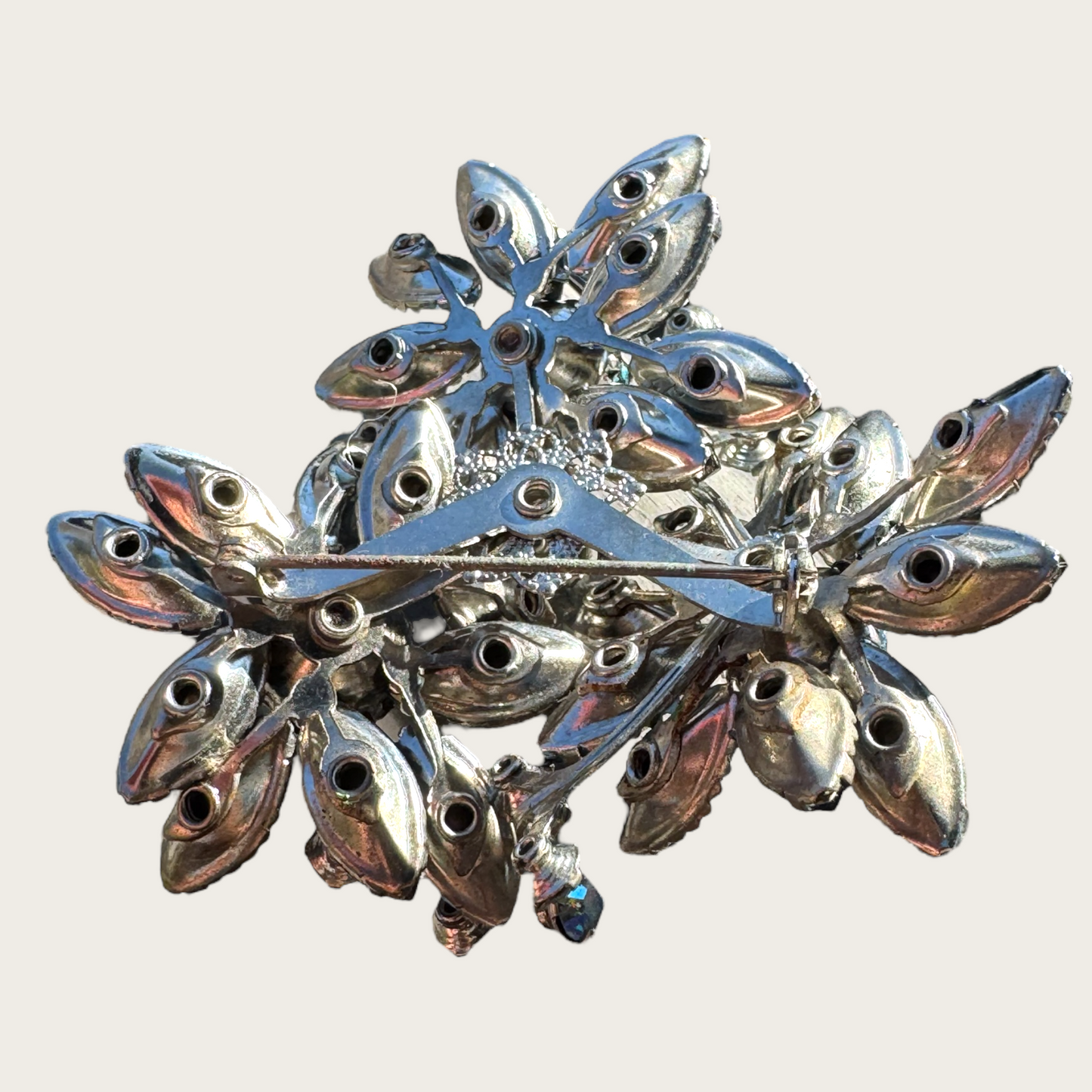 Unsigned Beau Jewels-Style Vintage Blue Rhinestone Brooch | Dimensional Floral Spray with AB & Fluss Beads