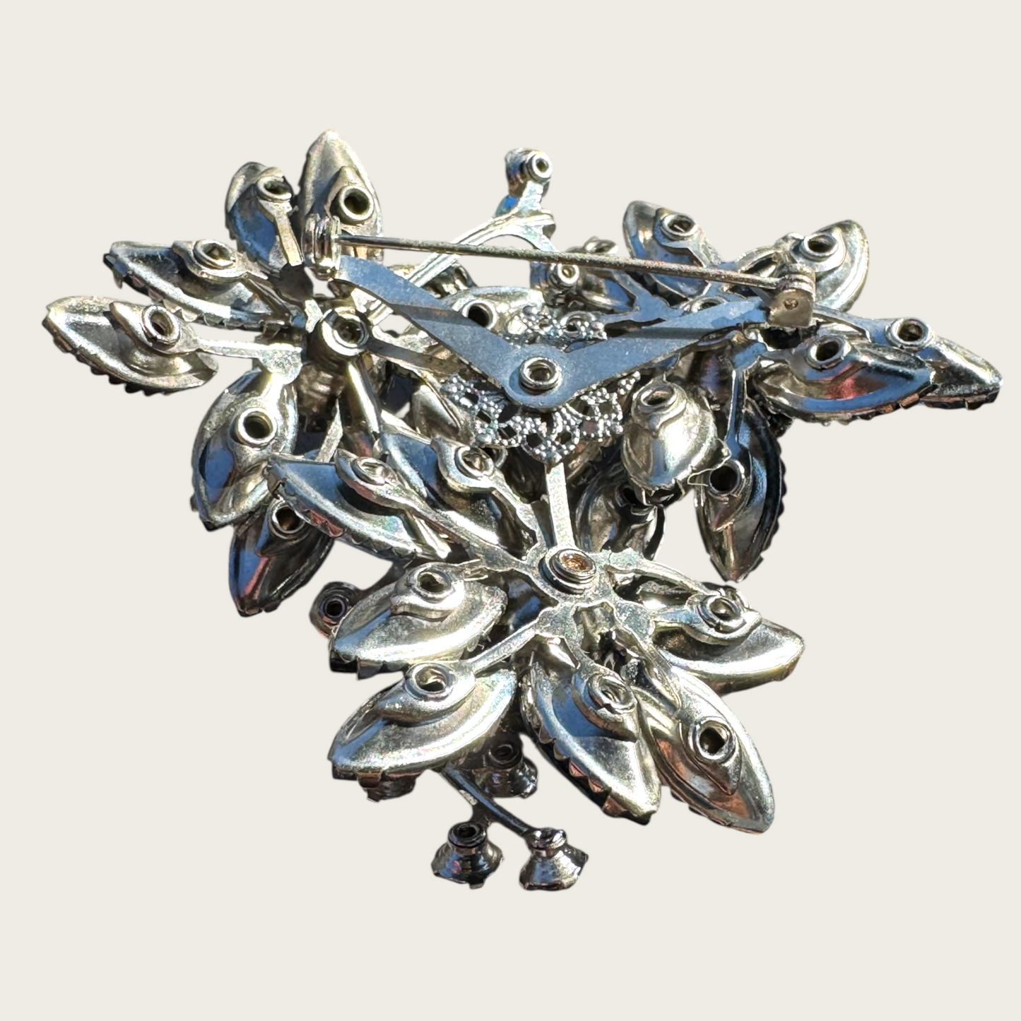 Unsigned Beau Jewels-Style Vintage Blue Rhinestone Brooch | Dimensional Floral Spray with AB & Fluss Beads