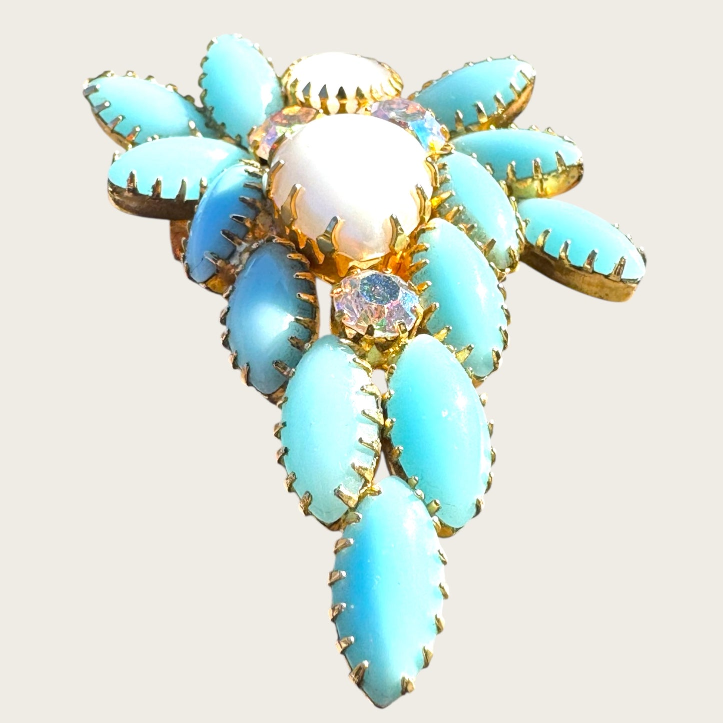 Vintage 1960s Aqua Blue Navette & Faux Pearl Brooch – Layered Glass Stones, AB Accents, Gold Tone