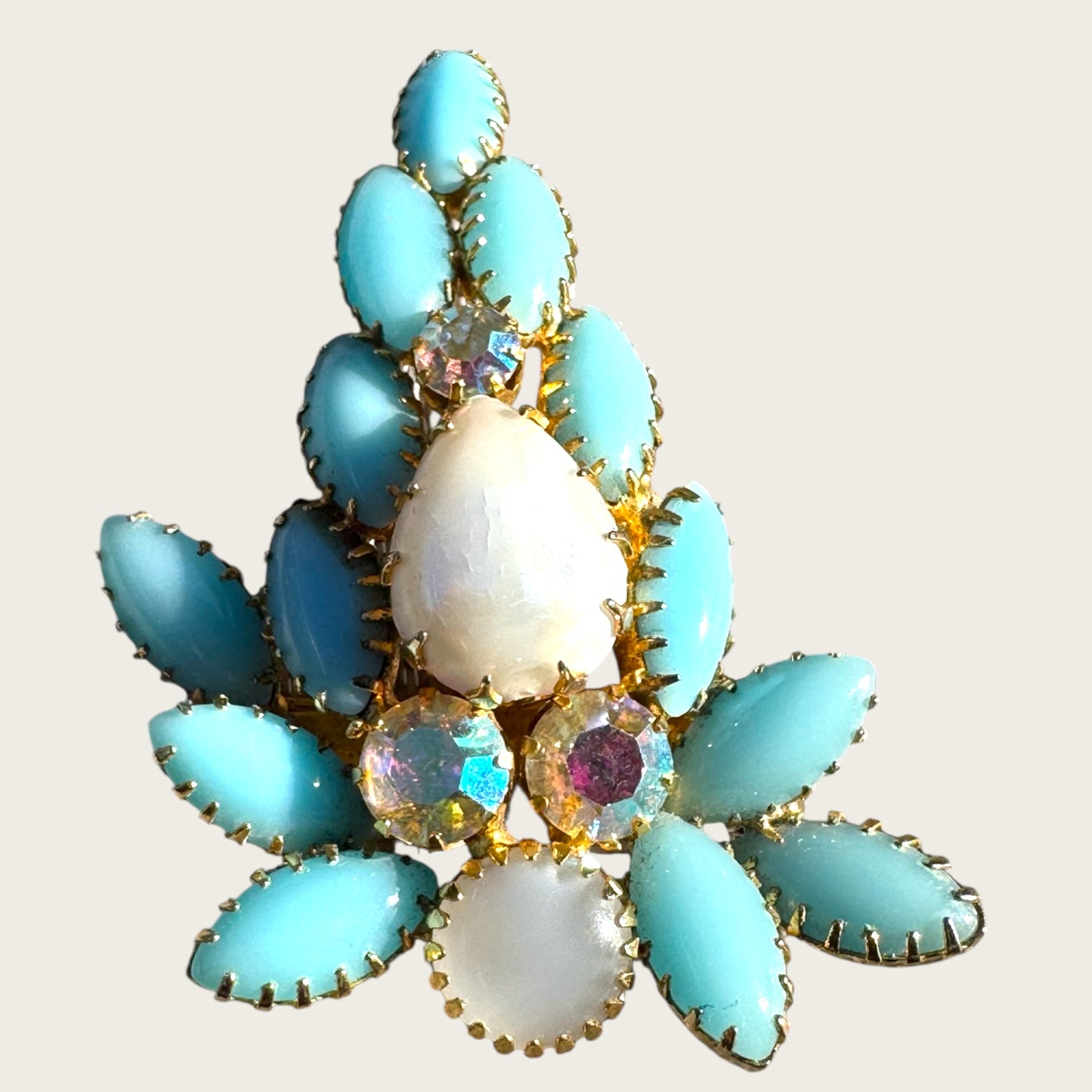 Vintage 1960s Aqua Blue Navette & Faux Pearl Brooch – Layered Glass Stones, AB Accents, Gold Tone