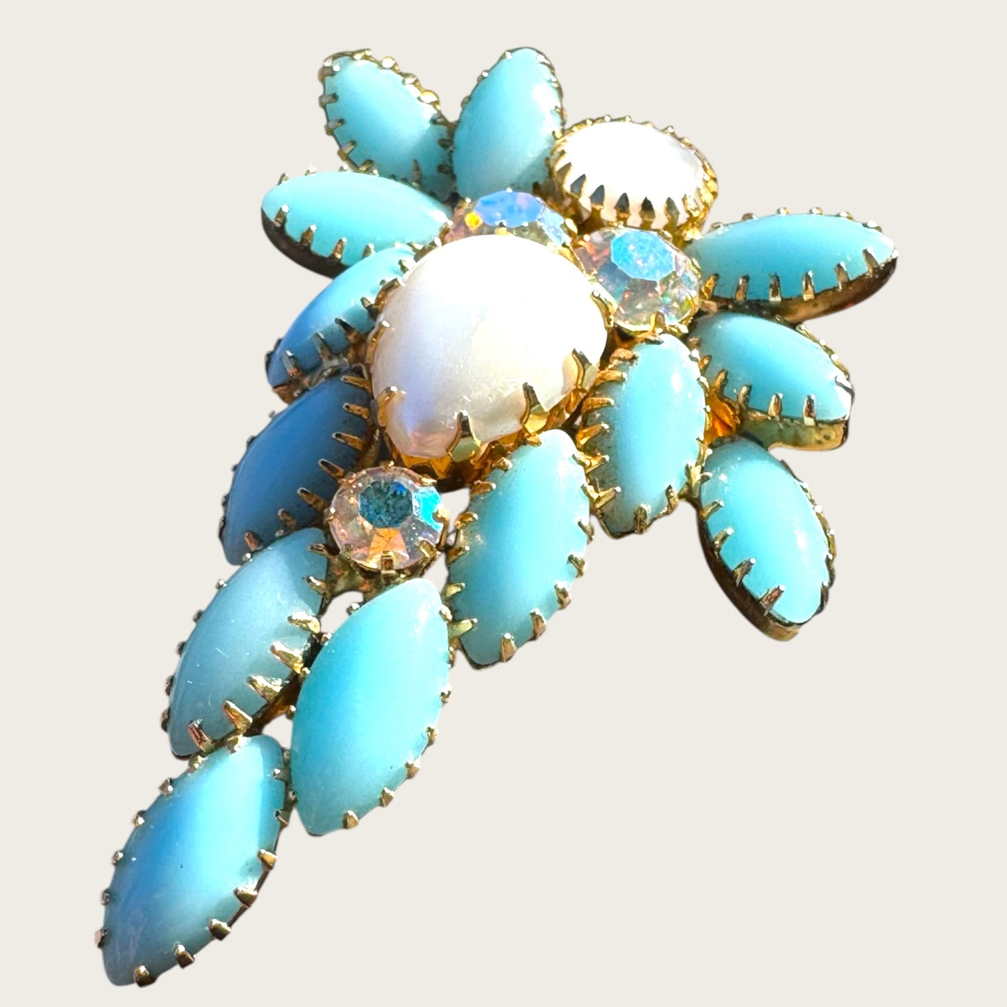 Vintage 1960s Aqua Blue Navette & Faux Pearl Brooch – Layered Glass Stones, AB Accents, Gold Tone