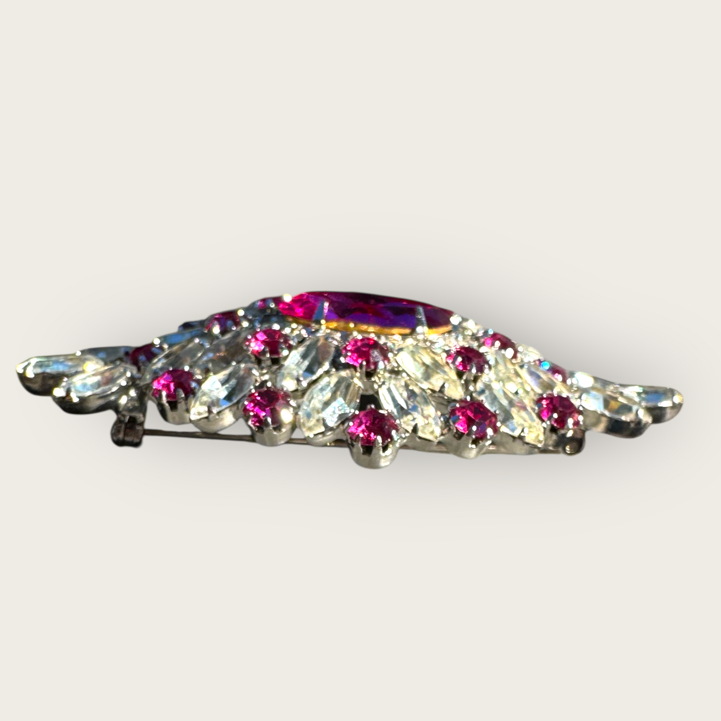 Vintage Fuchsia Foil Back Rhinestone Domed Brooch – Marquise & Round Cut Starburst Pin