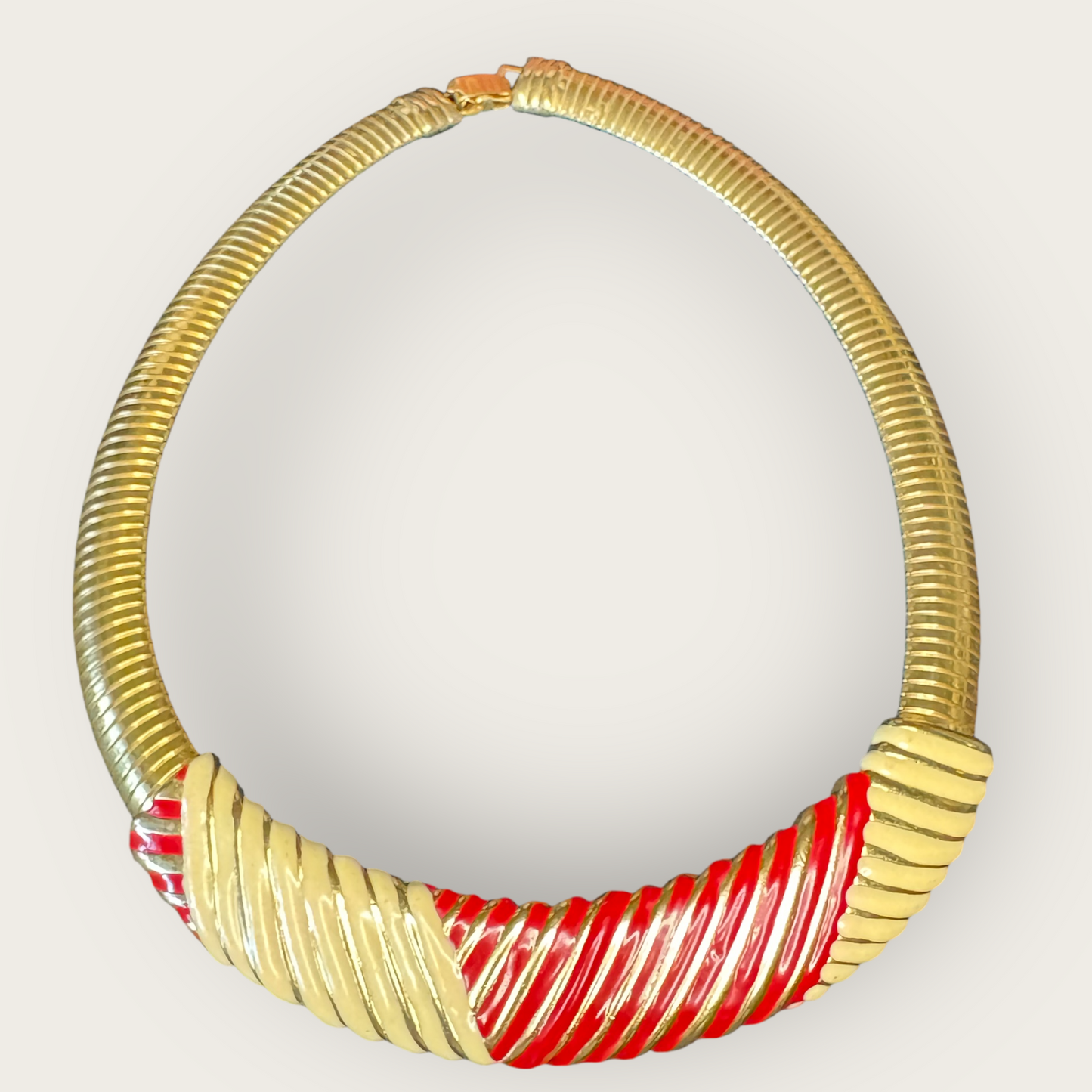 Vintage Enamel Omega Collar Necklace | Red & Cream Striped Statement | Bold 1980s Power Glam