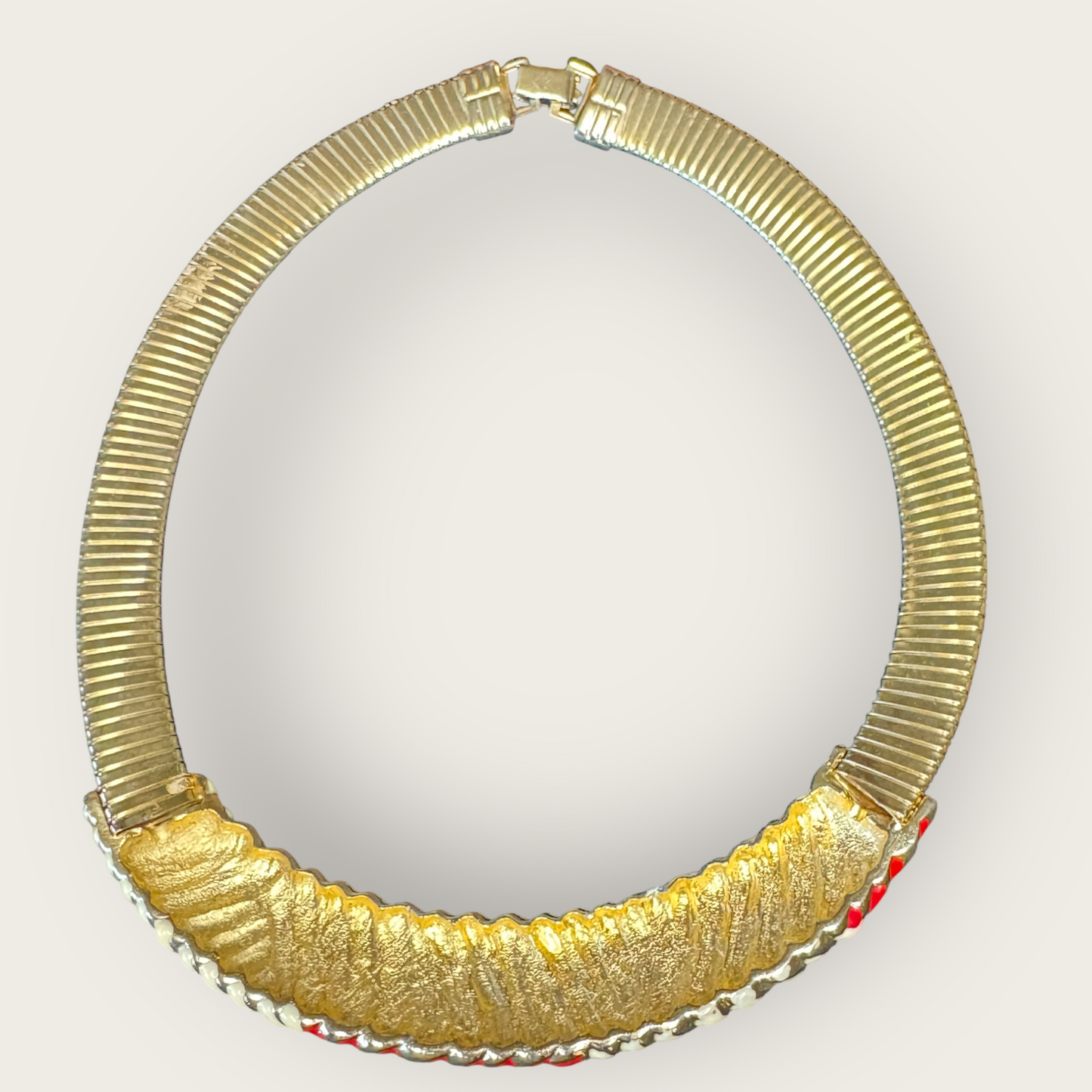 Vintage Enamel Omega Collar Necklace | Red & Cream Striped Statement | Bold 1980s Power Glam