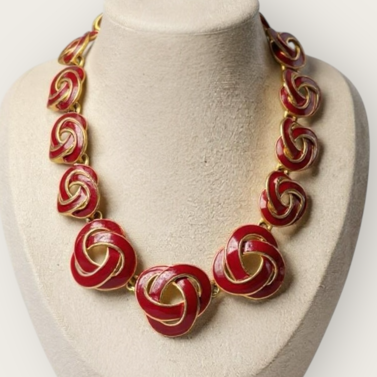 Vintage 1980s–90s Red Enamel Swirl Knot Necklace & Bracelet Set – Designer Quality Statement Jewelry