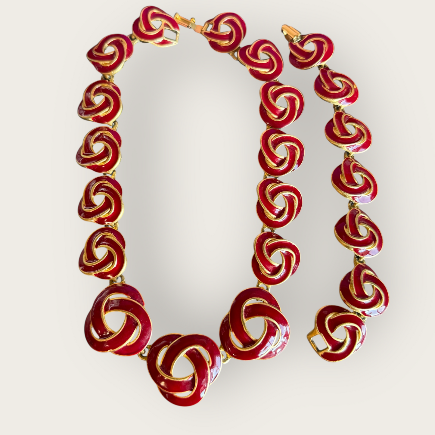 Vintage 1980s–90s Red Enamel Swirl Knot Necklace & Bracelet Set – Designer Quality Statement Jewelry