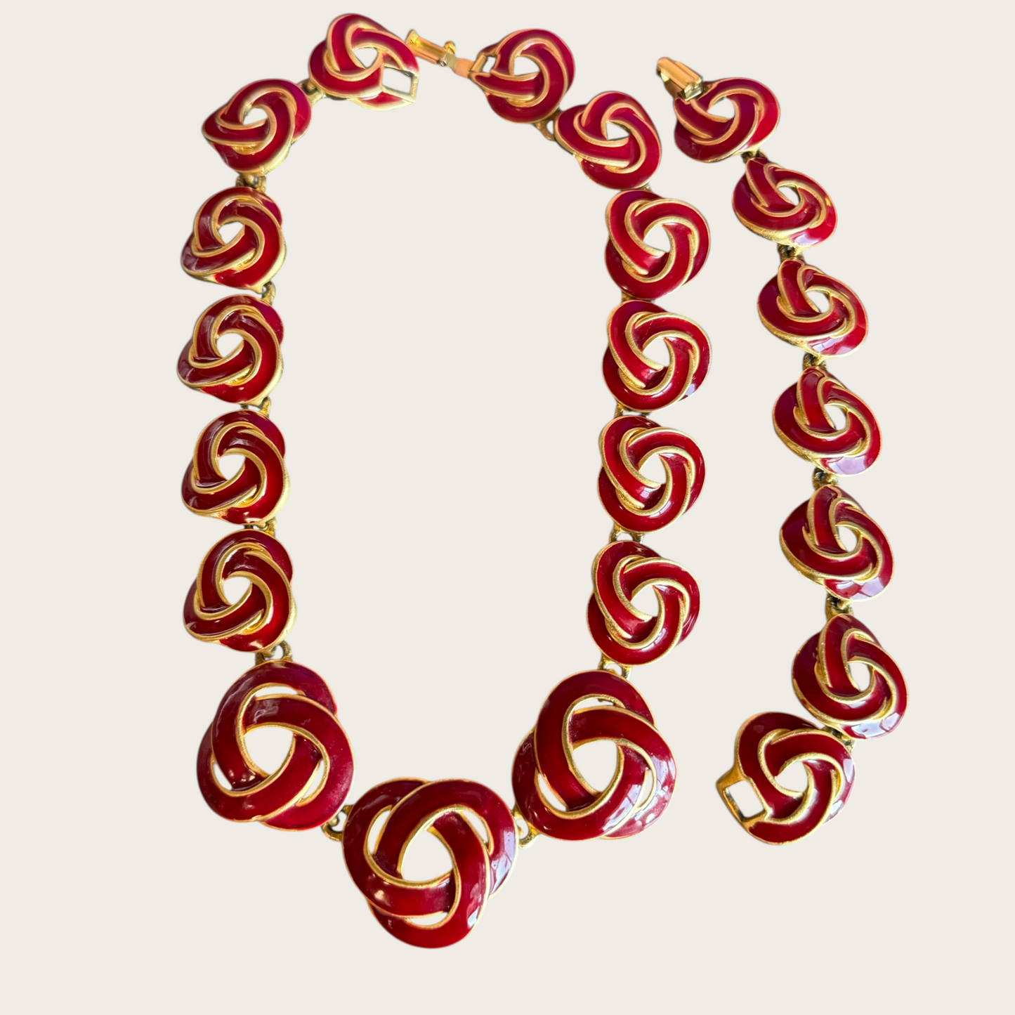 Vintage 1980s–90s Red Enamel Swirl Knot Necklace & Bracelet Set – Designer Quality Statement Jewelry