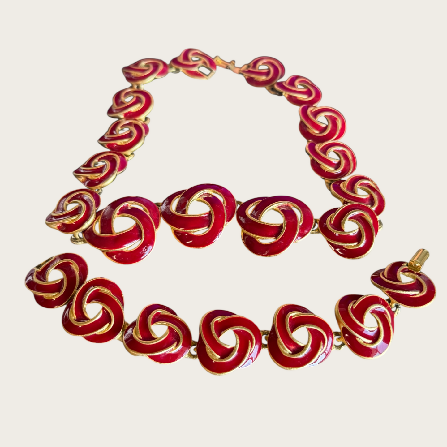 Vintage 1980s–90s Red Enamel Swirl Knot Necklace & Bracelet Set – Designer Quality Statement Jewelry
