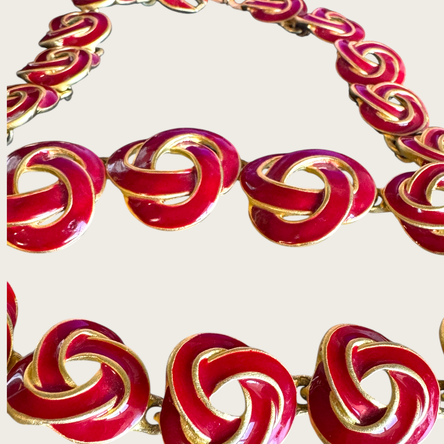 Vintage 1980s–90s Red Enamel Swirl Knot Necklace & Bracelet Set – Designer Quality Statement Jewelry