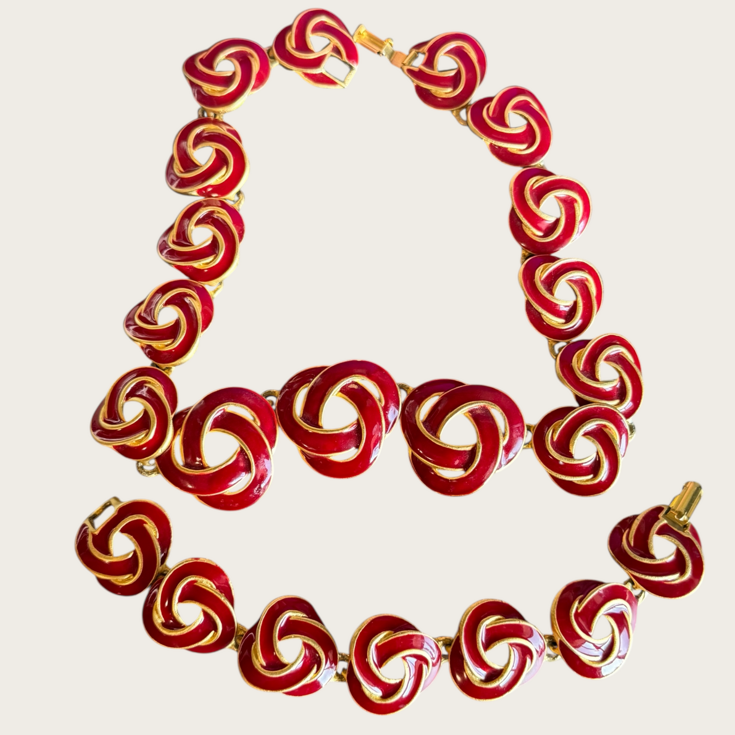 Vintage 1980s–90s Red Enamel Swirl Knot Necklace & Bracelet Set – Designer Quality Statement Jewelry