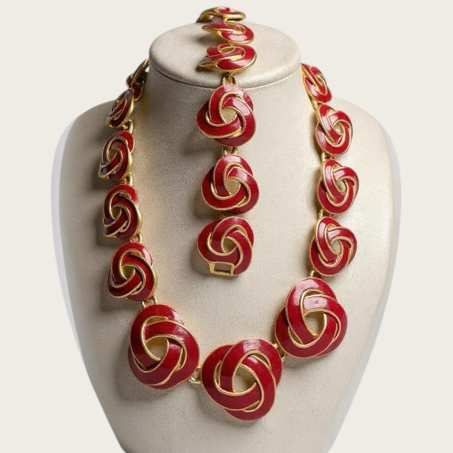 Vintage 1980s–90s Red Enamel Swirl Knot Necklace & Bracelet Set – Designer Quality Statement Jewelry