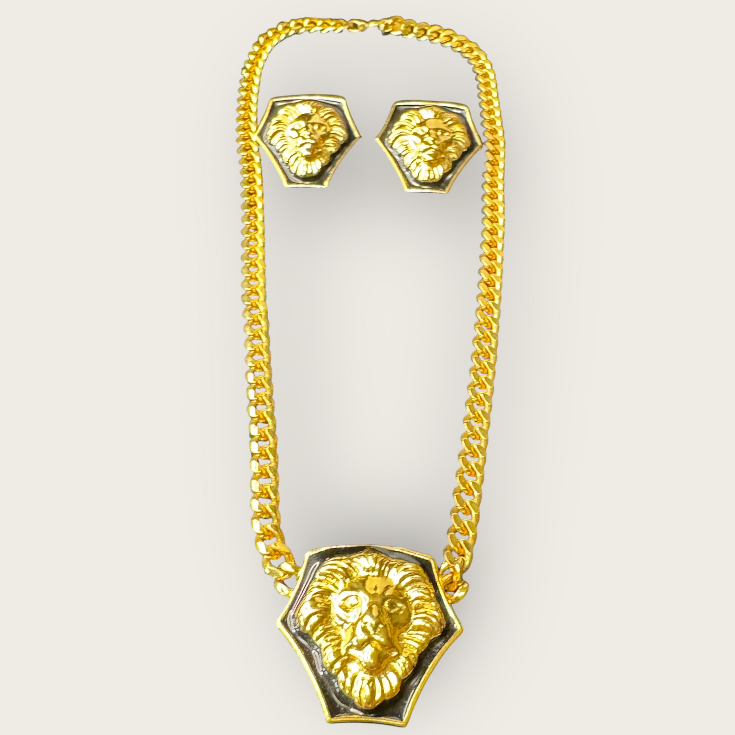 Vintage Anne Klein Lion Head Statement Necklace & Earrings Set | Black Enamel & Gold Tone