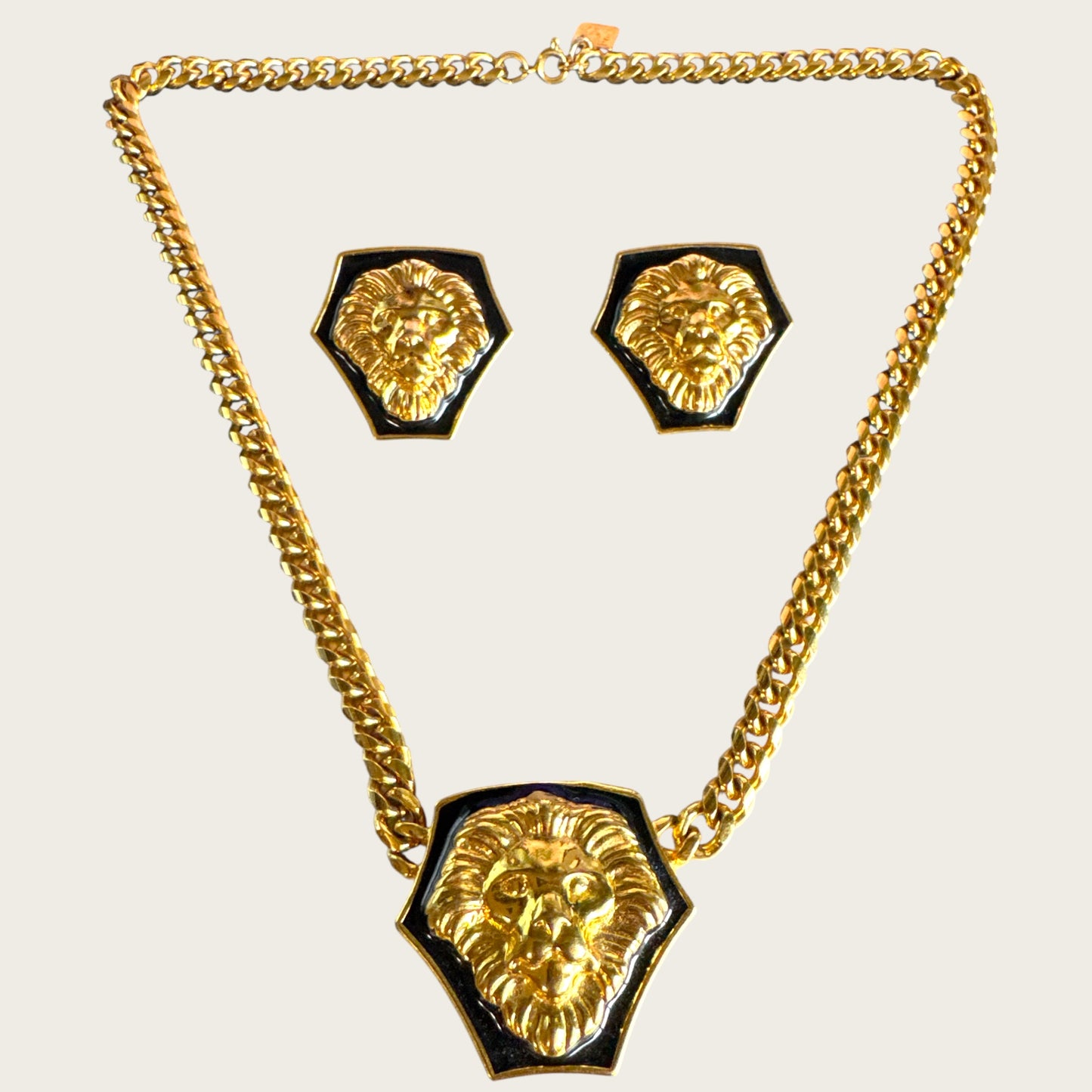 Vintage Anne Klein Lion Head Statement Necklace & Earrings Set | Black Enamel & Gold Tone