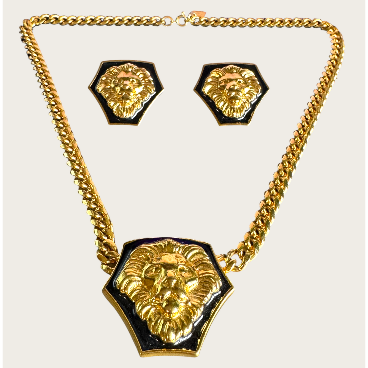 Vintage Anne Klein Lion Head Statement Necklace & Earrings Set | Black Enamel & Gold Tone