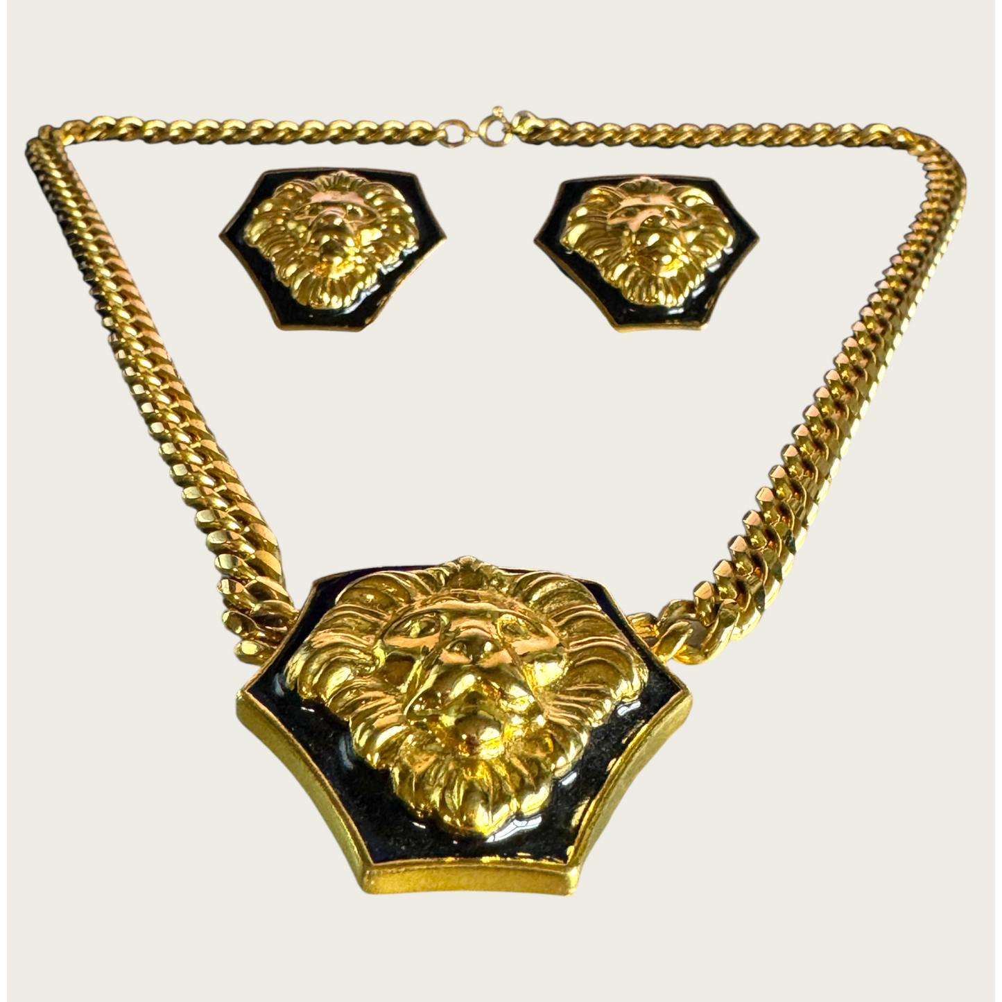 Vintage Anne Klein Lion Head Statement Necklace & Earrings Set | Black Enamel & Gold Tone