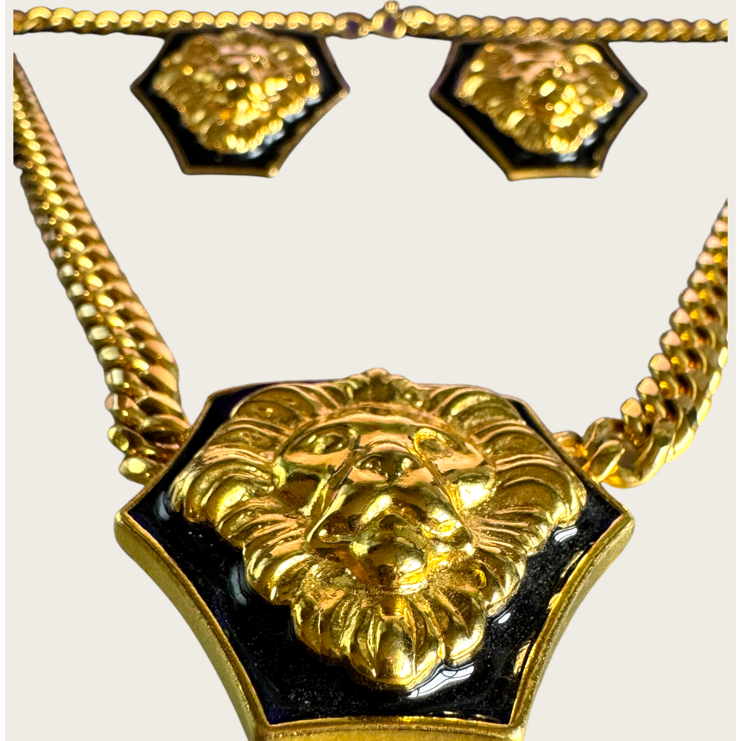 Vintage Anne Klein Lion Head Statement Necklace & Earrings Set | Black Enamel & Gold Tone