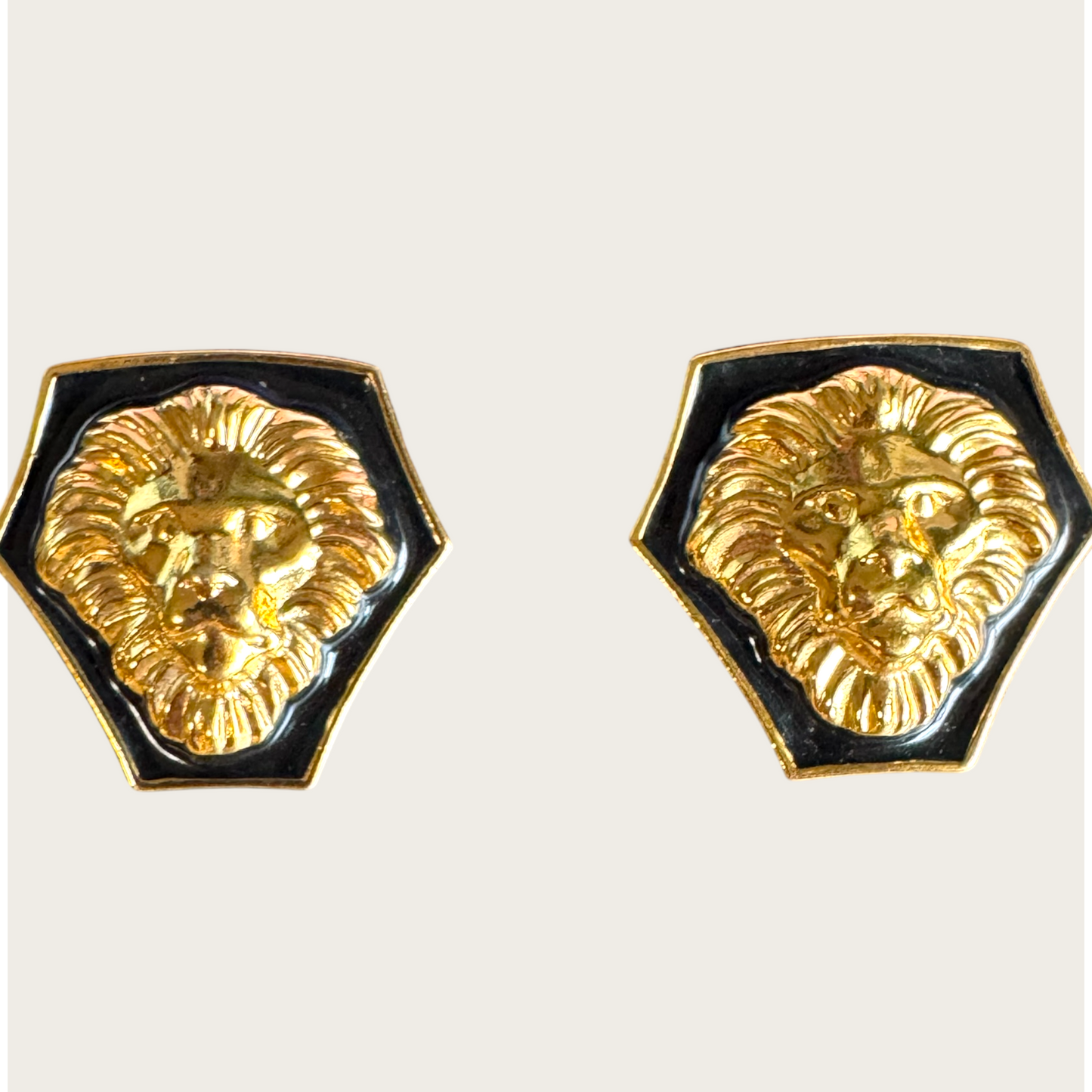 Vintage Anne Klein Lion Head Statement Necklace & Earrings Set | Black Enamel & Gold Tone