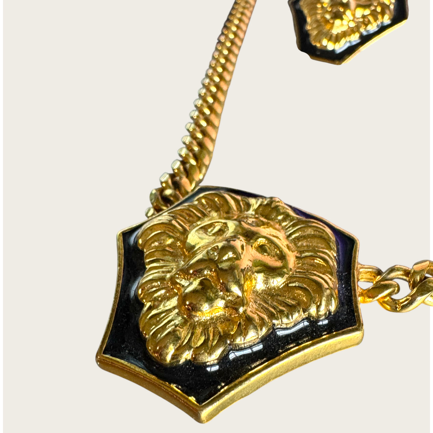 Vintage Anne Klein Lion Head Statement Necklace & Earrings Set | Black Enamel & Gold Tone
