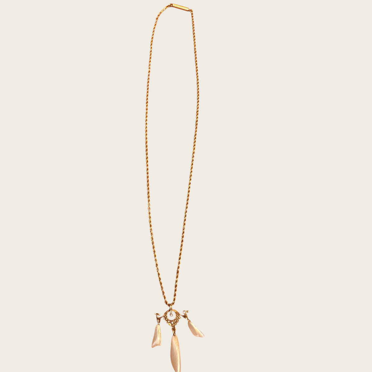 Antique 10K Gold Edwardian Lavalier Pendant Necklace with Seed Pearls & Mother of Pearl Drops | Private Collection