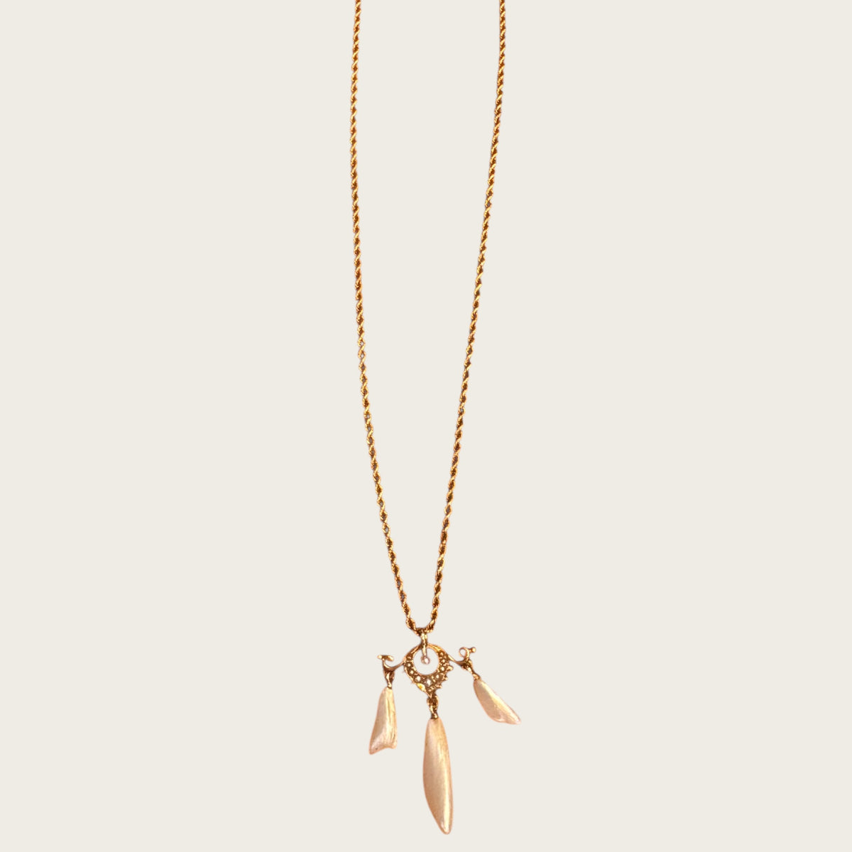 Antique 10K Gold Edwardian Lavalier Pendant Necklace with Seed Pearls & Mother of Pearl Drops | Private Collection
