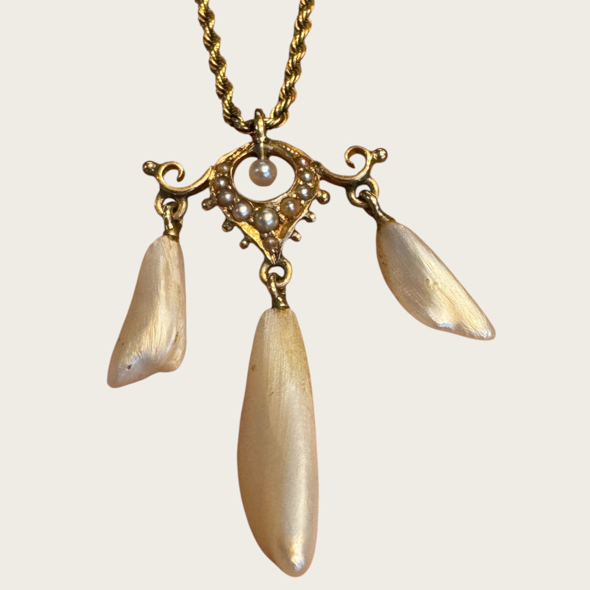 Antique 10K Gold Edwardian Lavalier Pendant Necklace with Seed Pearls & Mother of Pearl Drops | Private Collection