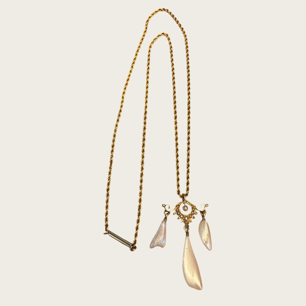 Antique 10K Gold Edwardian Lavalier Pendant Necklace with Seed Pearls & Mother of Pearl Drops | Private Collection