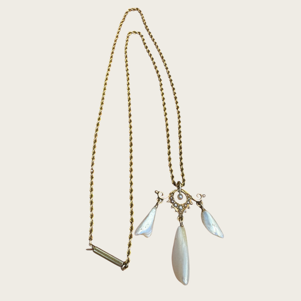 Antique 10K Gold Edwardian Lavalier Pendant Necklace with Seed Pearls & Mother of Pearl Drops | Private Collection