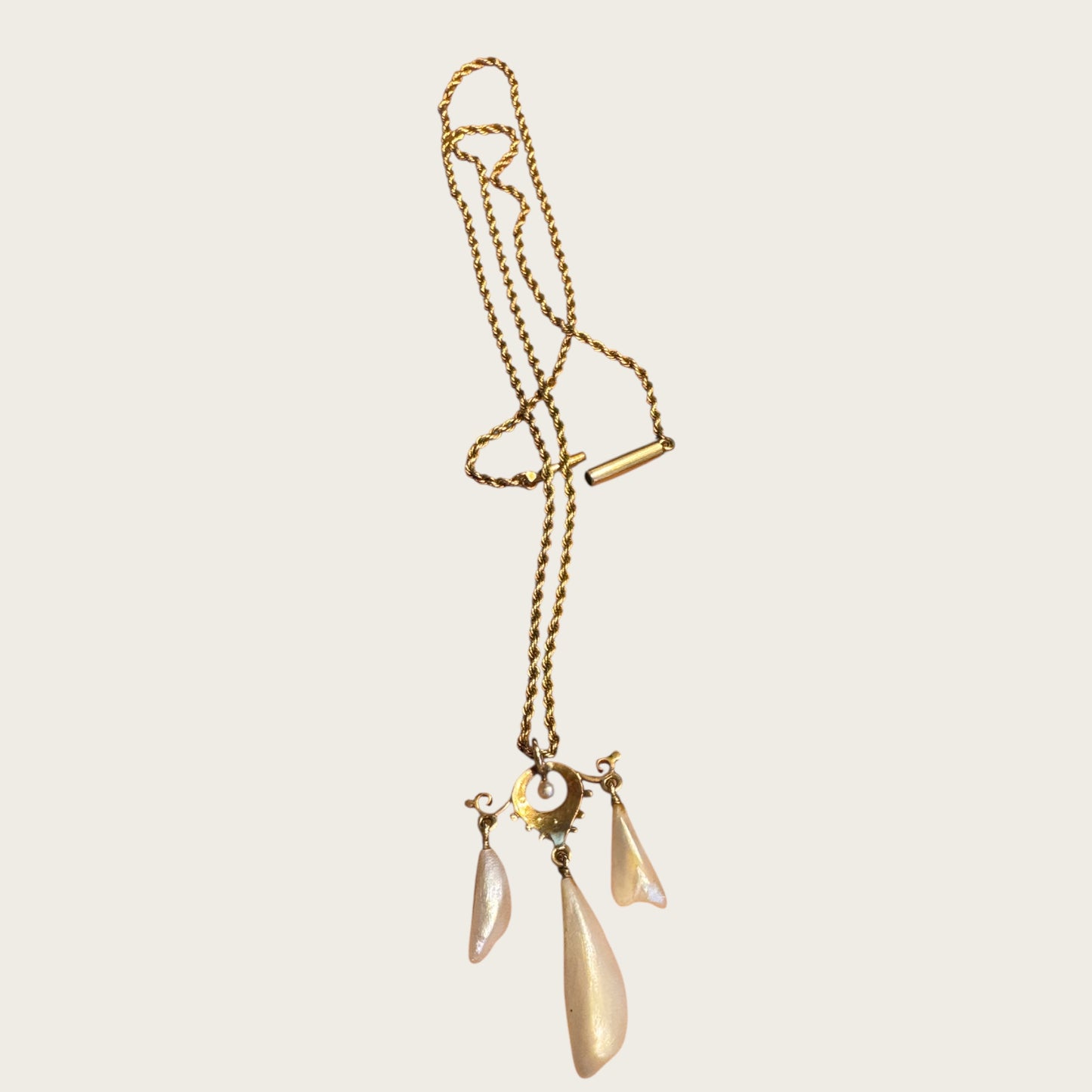 Antique 10K Gold Edwardian Lavalier Pendant Necklace with Seed Pearls & Mother of Pearl Drops