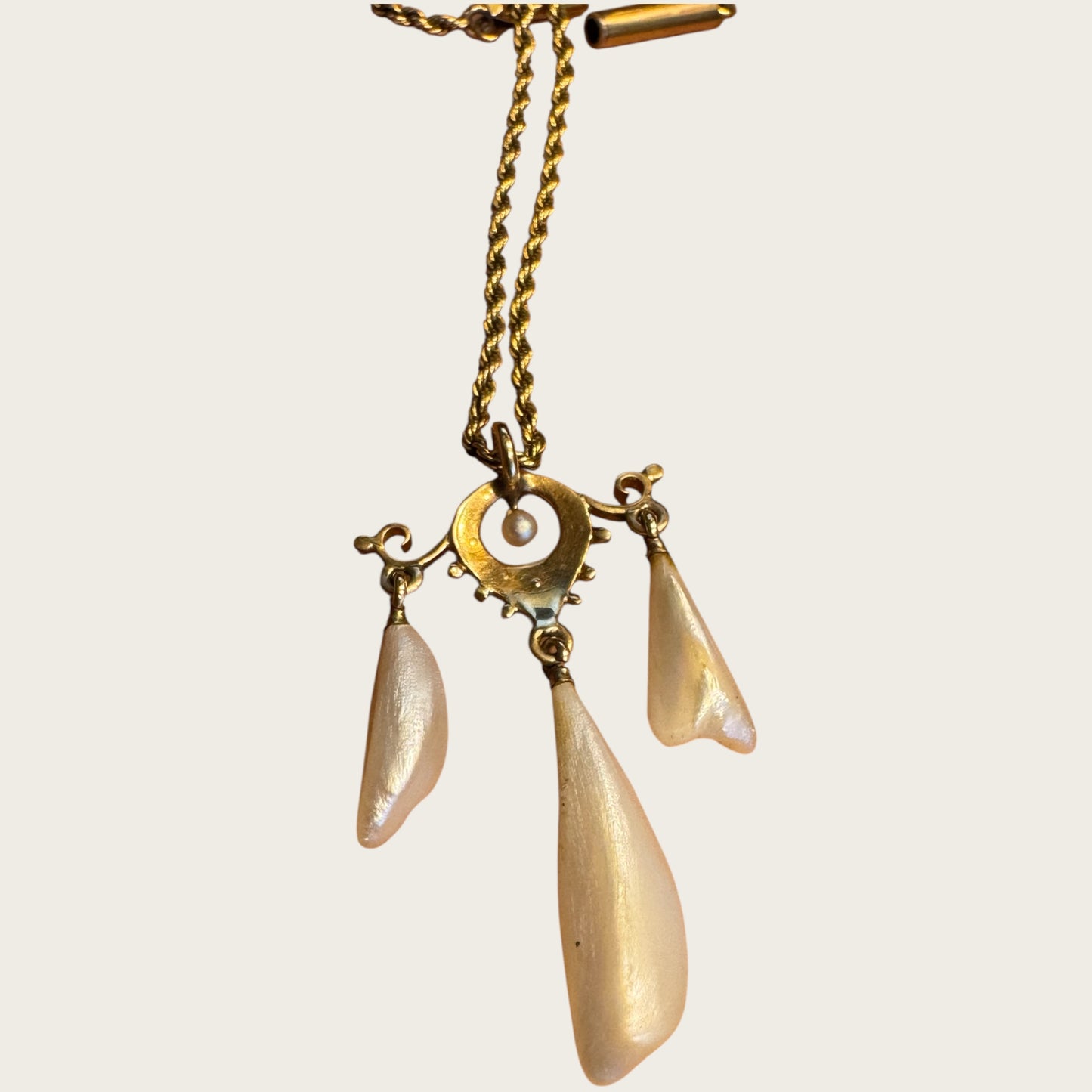 Antique 10K Gold Edwardian Lavalier Pendant Necklace with Seed Pearls & Mother of Pearl Drops | Private Collection