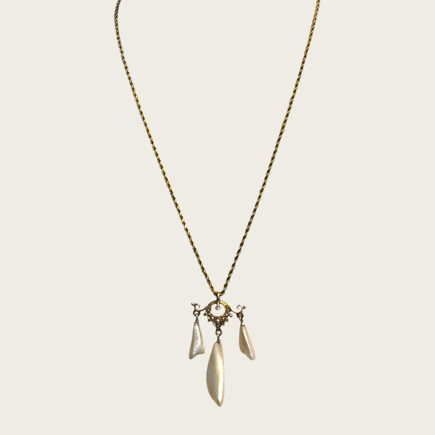 Antique 10K Gold Edwardian Lavalier Pendant Necklace with Seed Pearls & Mother of Pearl Drops
