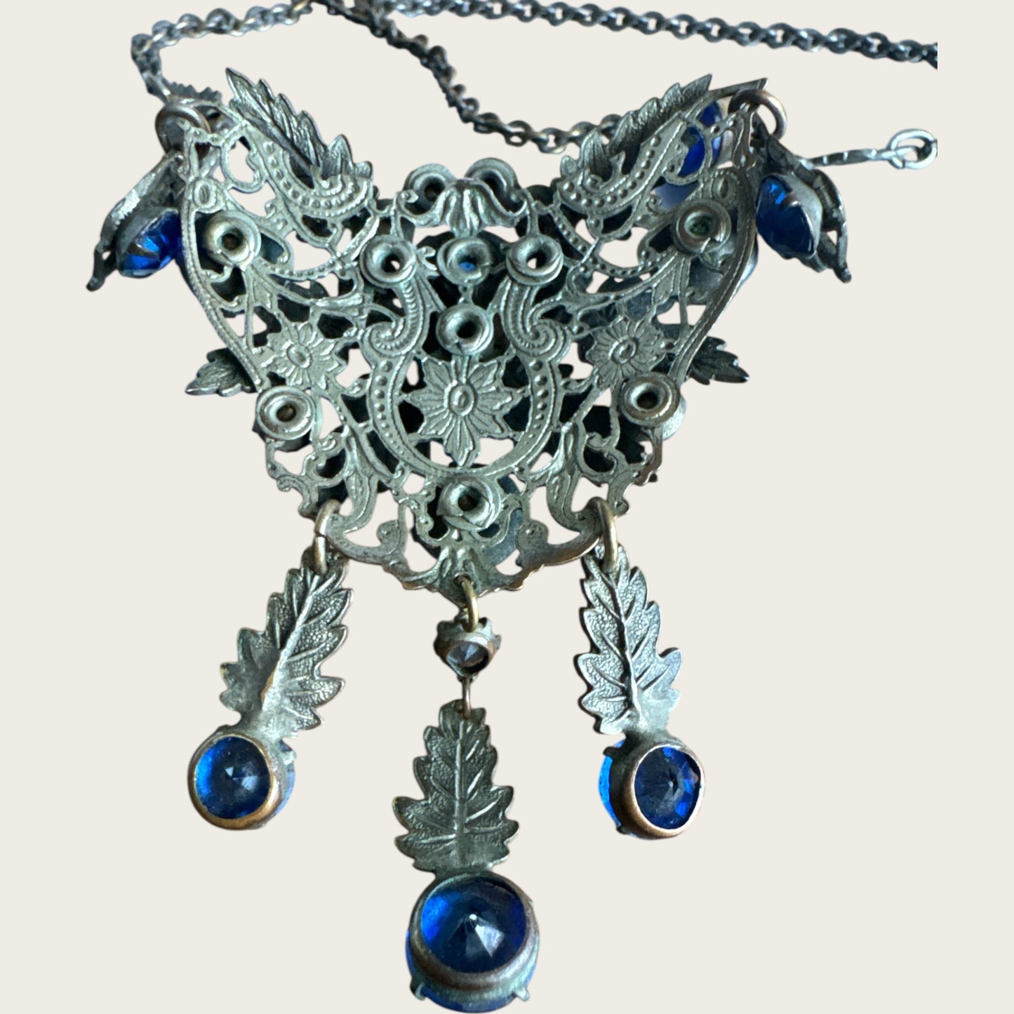 Antique Art Nouveau Czech Blue Glass Rivière Bib Necklace | Leaf Motif Filigree Statement | Circa 1900s | Private Collection