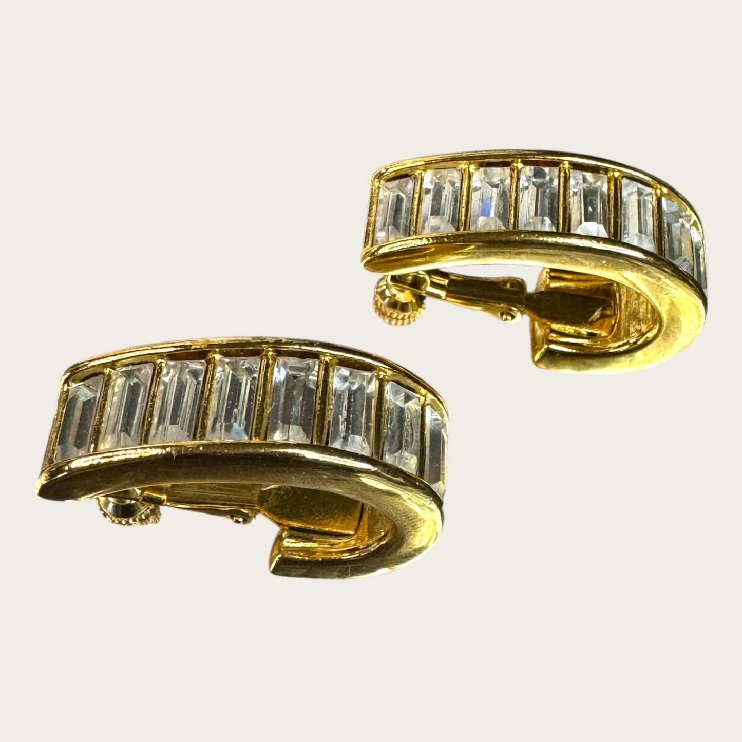 Double Signed Trifari Gold-Tone Hoop Earrings with Baguette Rhinestones | Screw-Back Clip-On