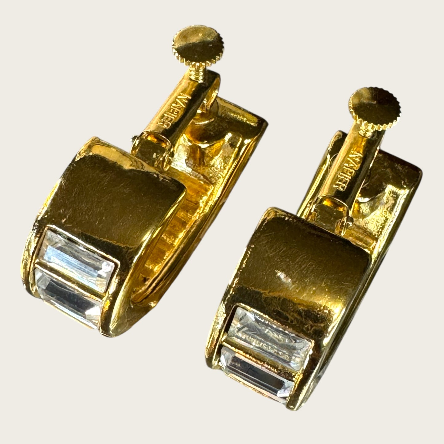 Double Signed Trifari Gold-Tone Hoop Earrings with Baguette Rhinestones | Screw-Back Clip-On