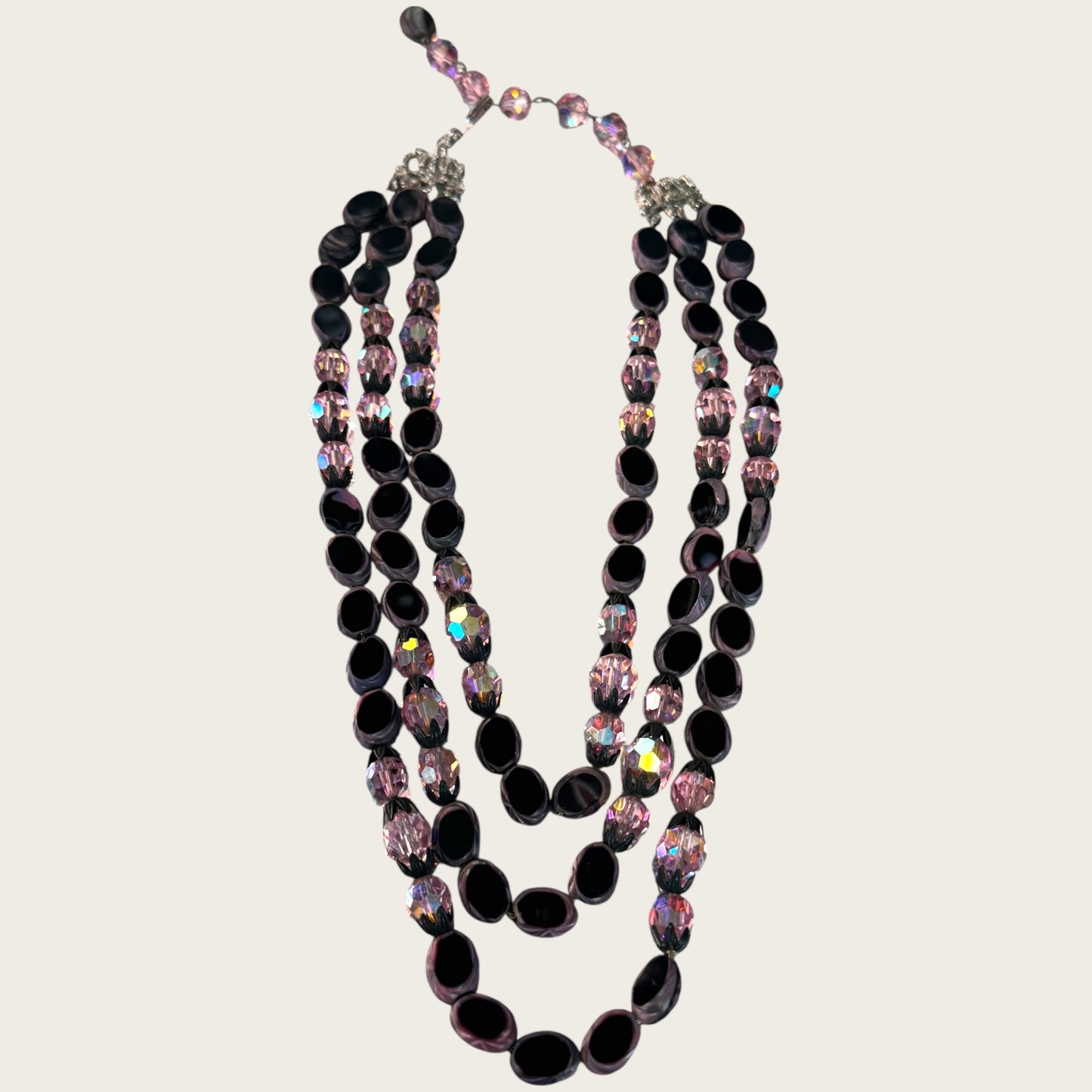Vintage Hobé Triple Strand Necklace with Czech Glass Picasso Beads & Pink Crystals