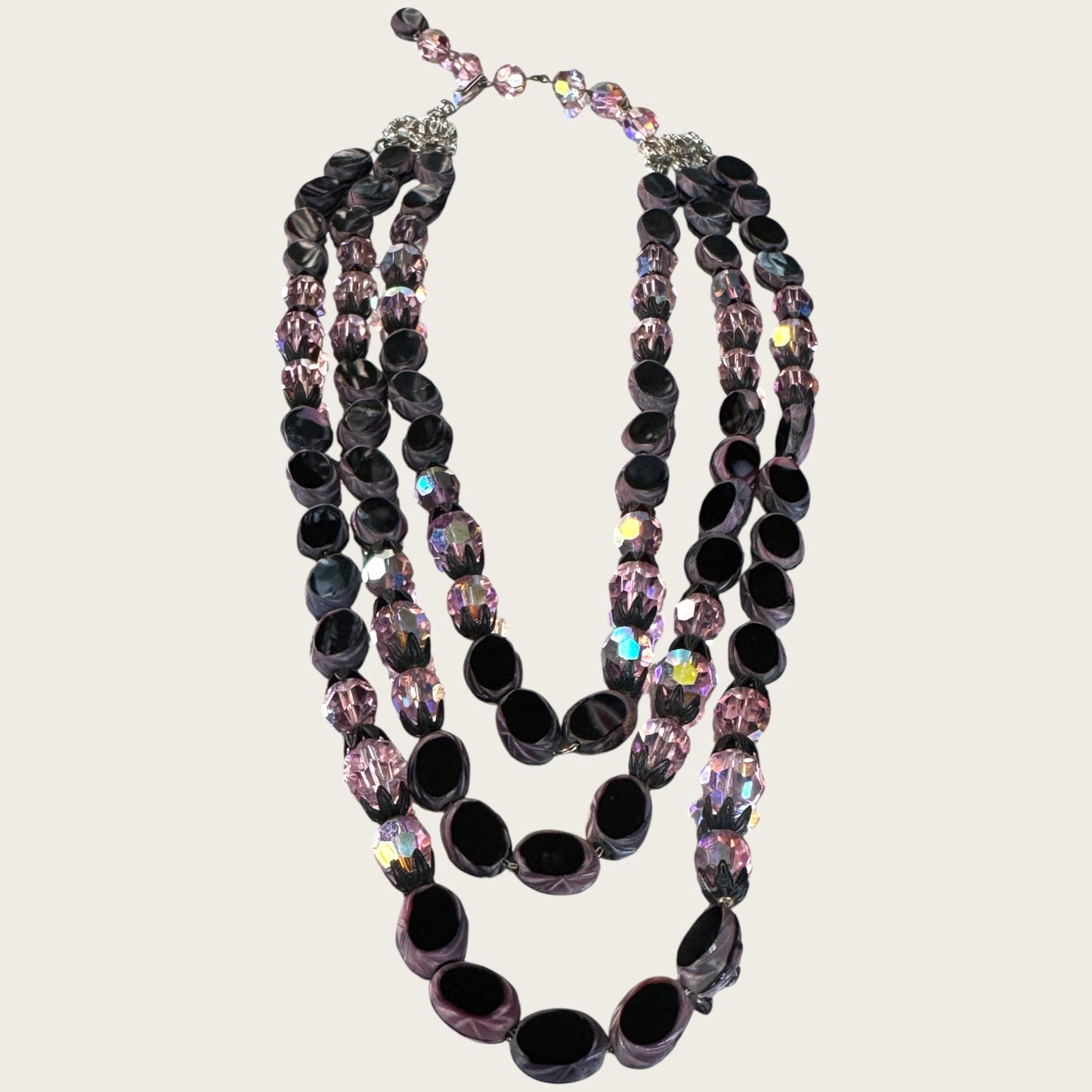 Vintage Hobé Triple Strand Necklace with Czech Glass Picasso Beads & Pink Crystals