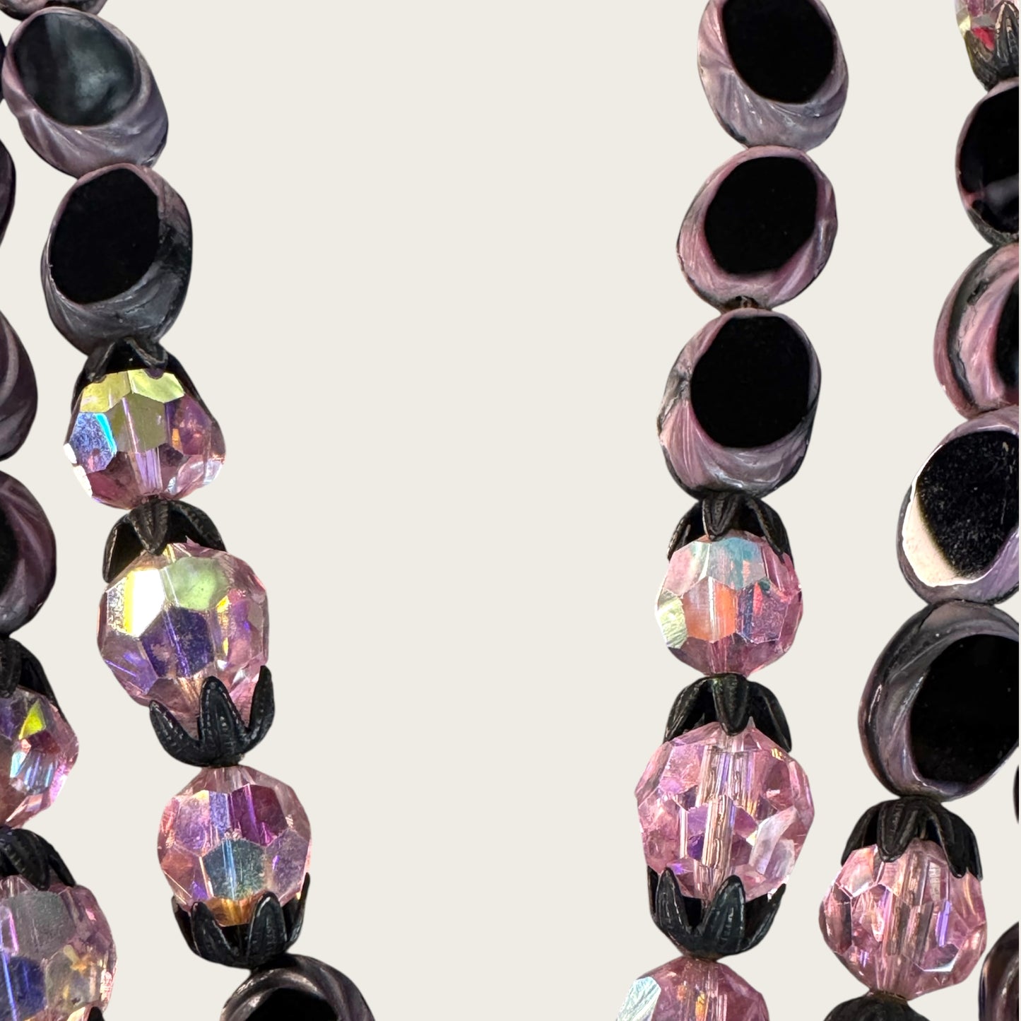 Vintage Hobé Triple Strand Necklace with Czech Glass Picasso Beads & Pink Crystals