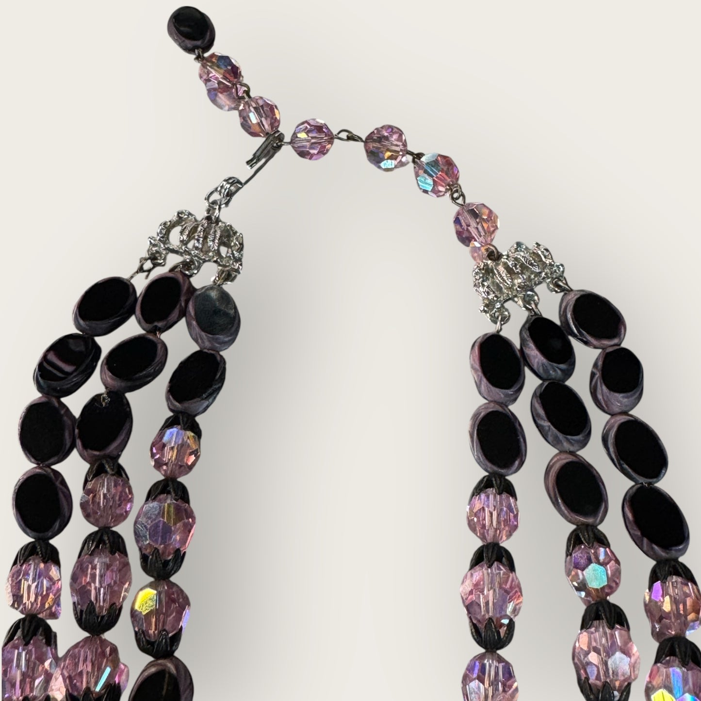 Vintage Hobé Triple Strand Necklace with Czech Glass Picasso Beads & Pink Crystals