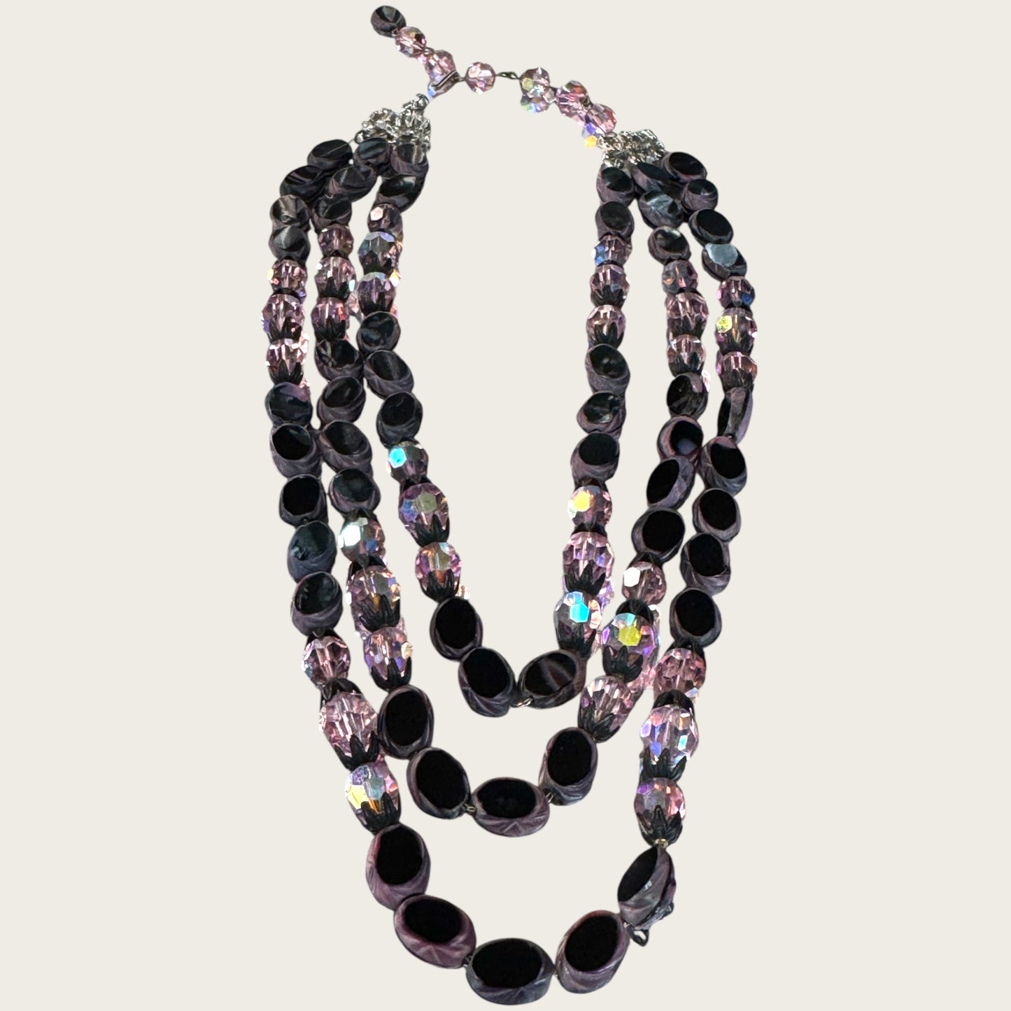 Vintage Hobé Triple Strand Necklace with Czech Glass Picasso Beads & Pink Crystals