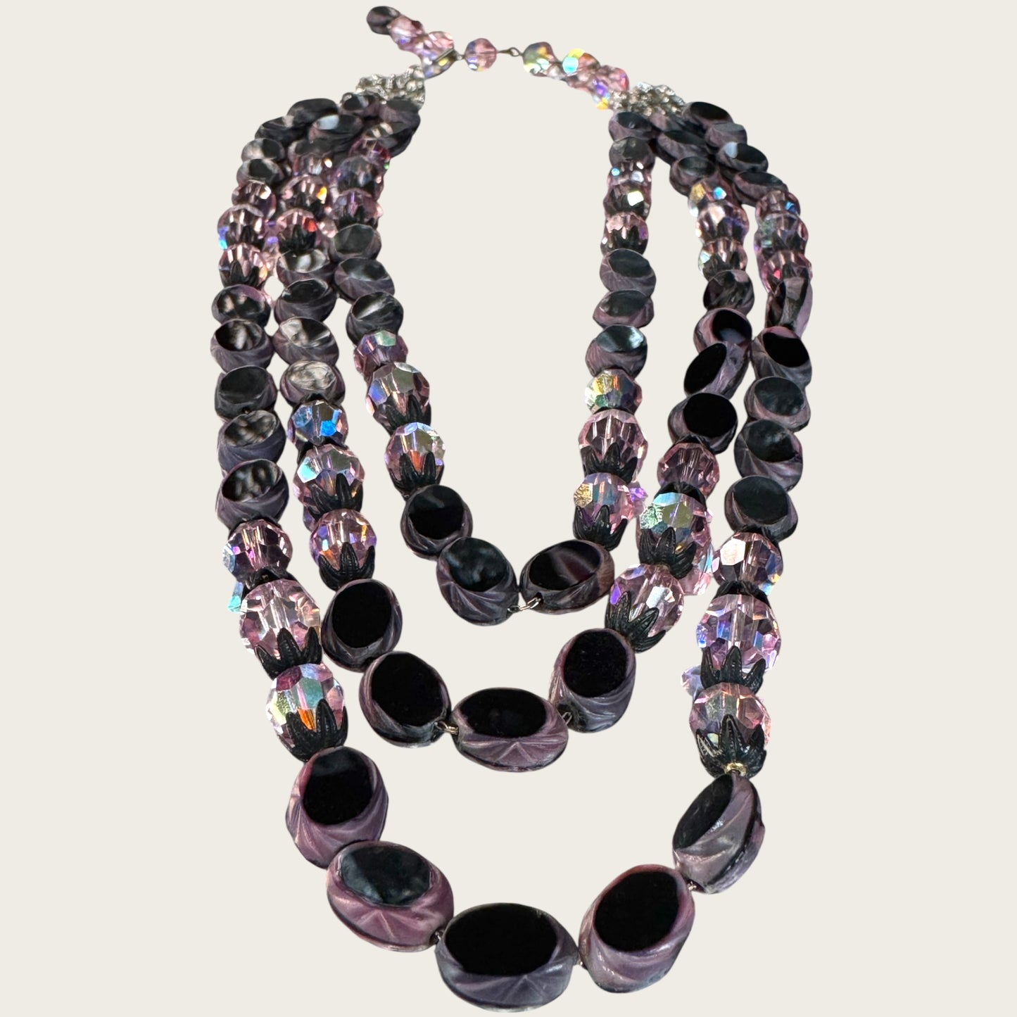 Vintage Hobé Triple Strand Necklace with Czech Glass Picasso Beads & Pink Crystals