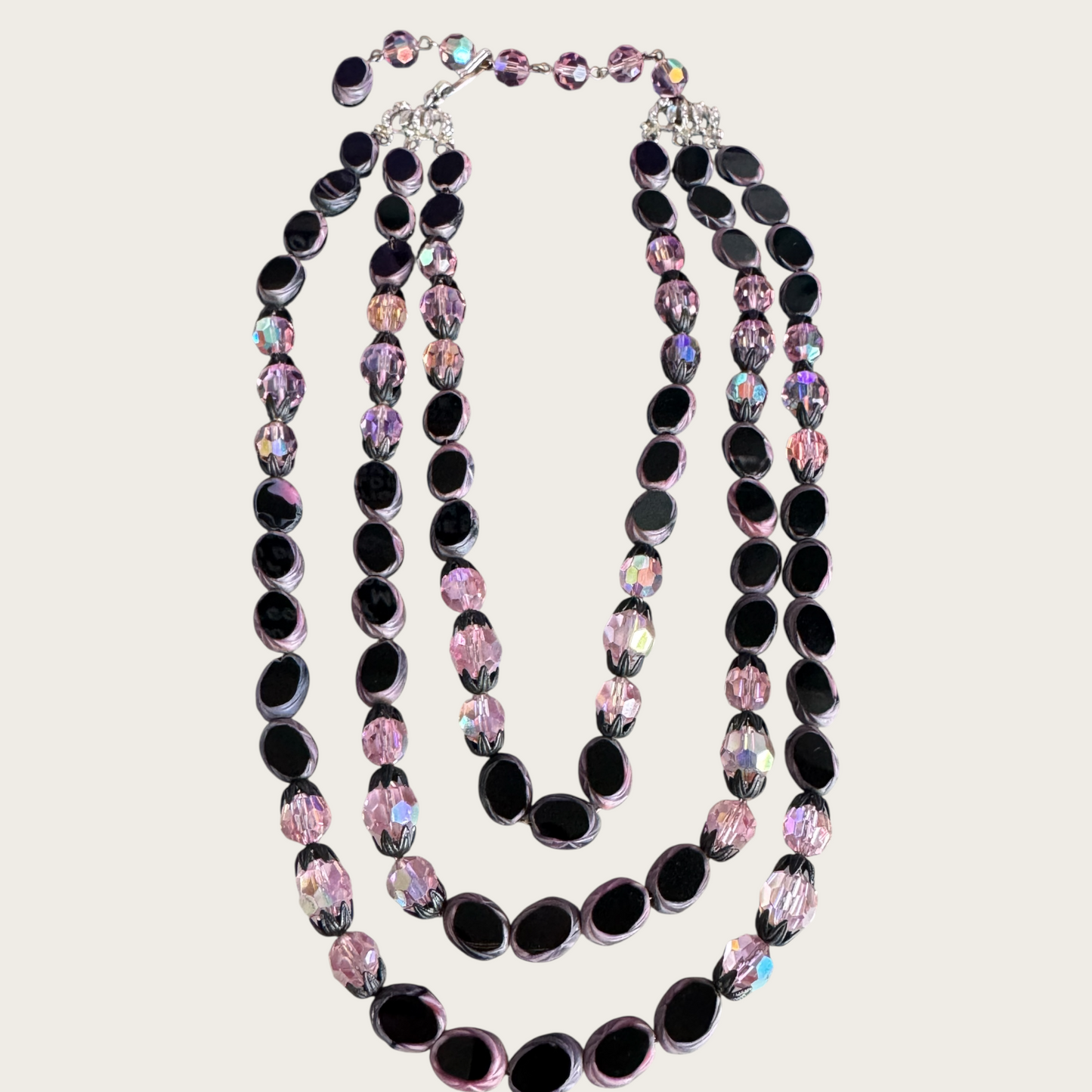 Vintage Hobé Triple Strand Necklace with Czech Glass Picasso Beads & Pink Crystals