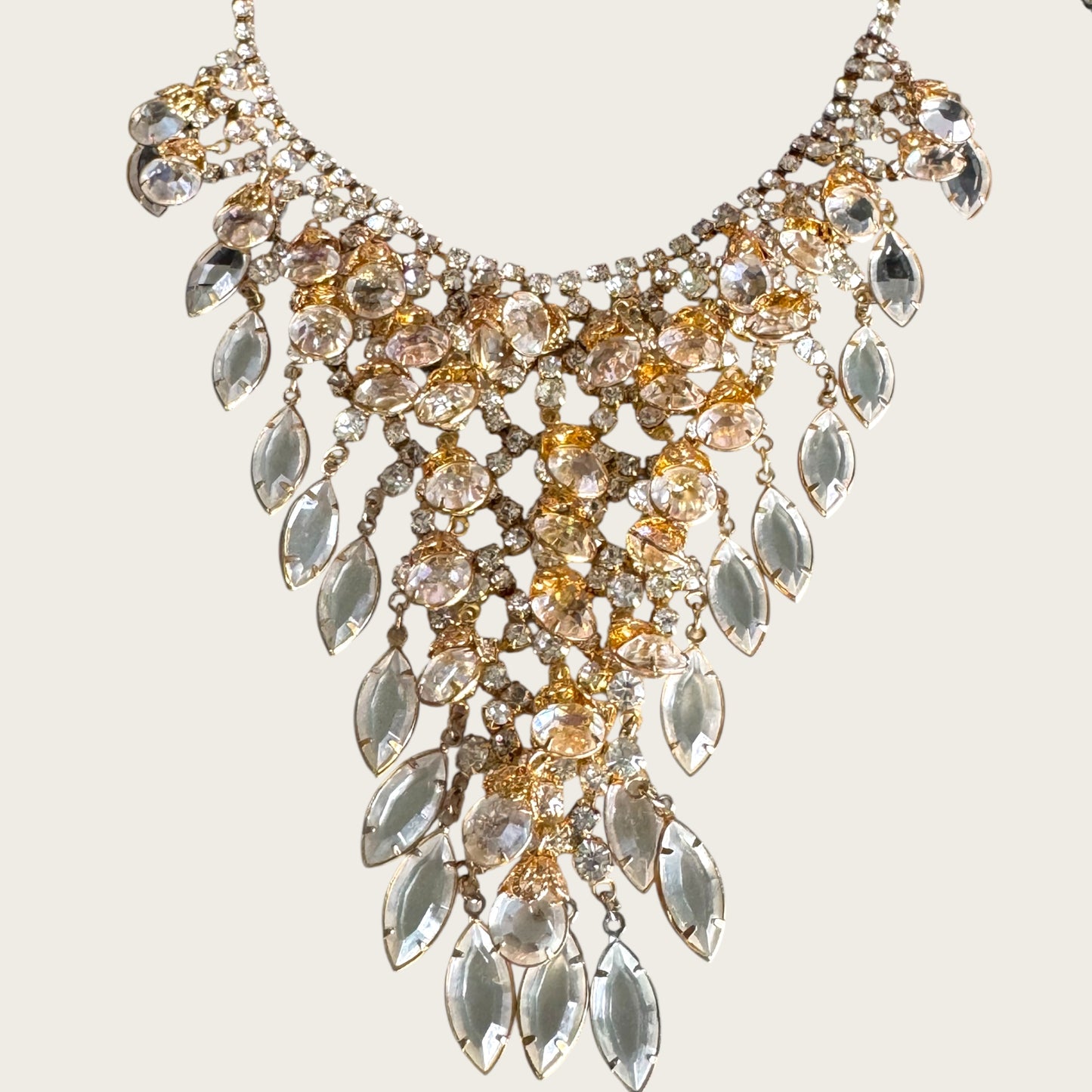 Vintage Juliana D&E Bib Necklace – 1960s Gold Plated with Clear Navette & Round Prong-Set Crystals, Puddling Back, Statement Runway Collar