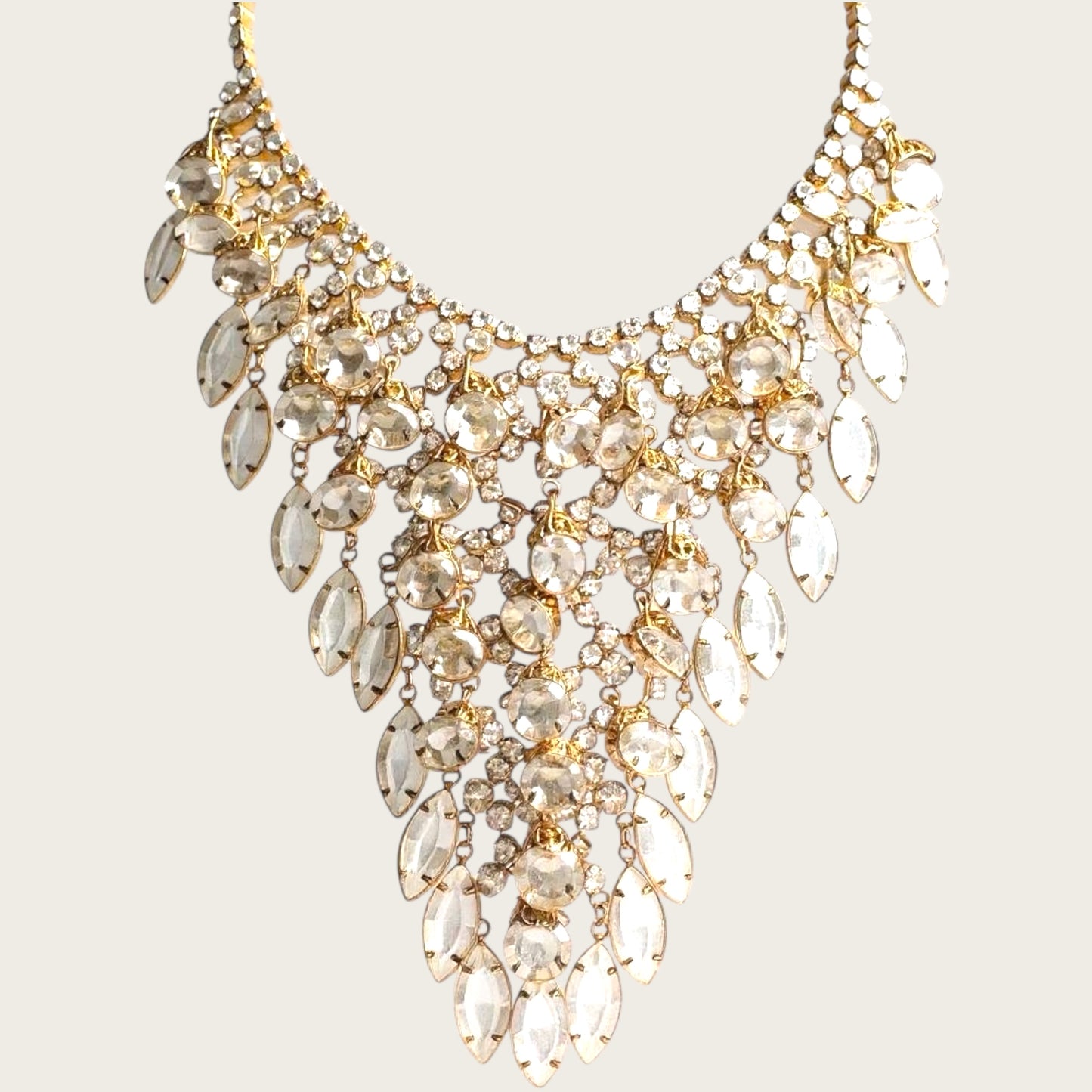 Vintage Juliana D&E Bib Necklace – 1960s Gold Plated with Clear Navette & Round Prong-Set Crystals, Puddling Back, Statement Runway Collar