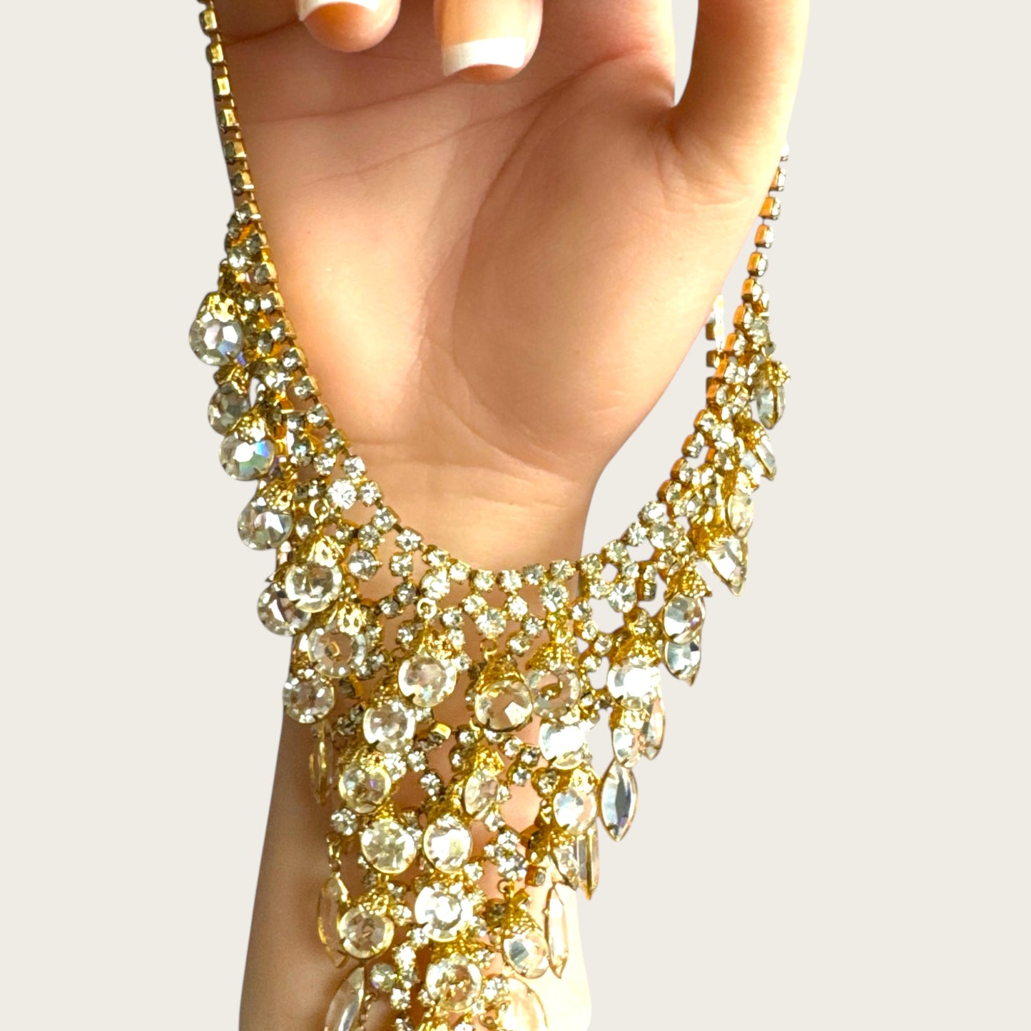 Vintage Juliana D&E Bib Necklace – 1960s Gold Plated with Clear Navette & Round Prong-Set Crystals, Puddling Back, Statement Runway Collar