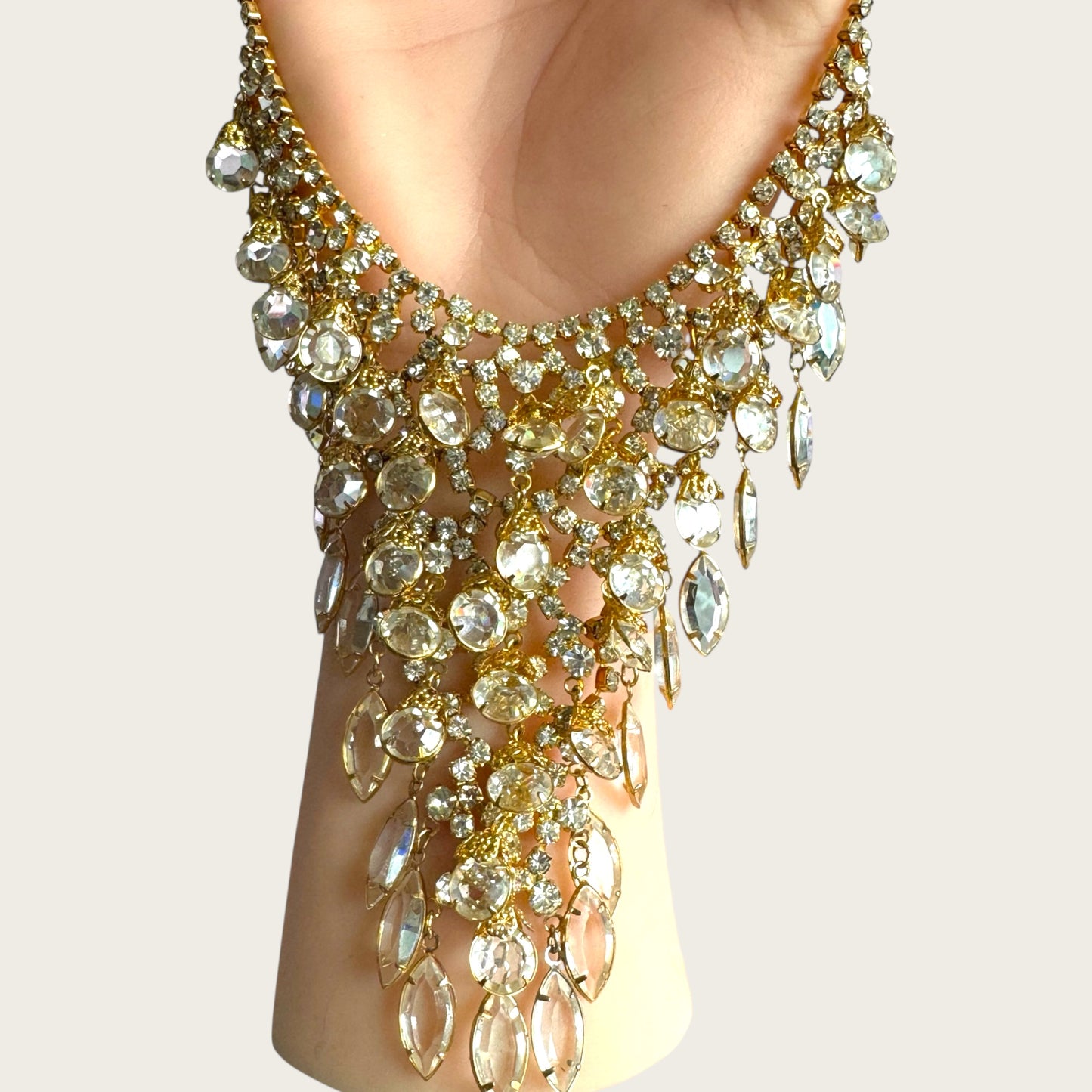 Vintage Juliana D&E Bib Necklace – 1960s Gold Plated with Clear Navette & Round Prong-Set Crystals, Puddling Back, Statement Runway Collar